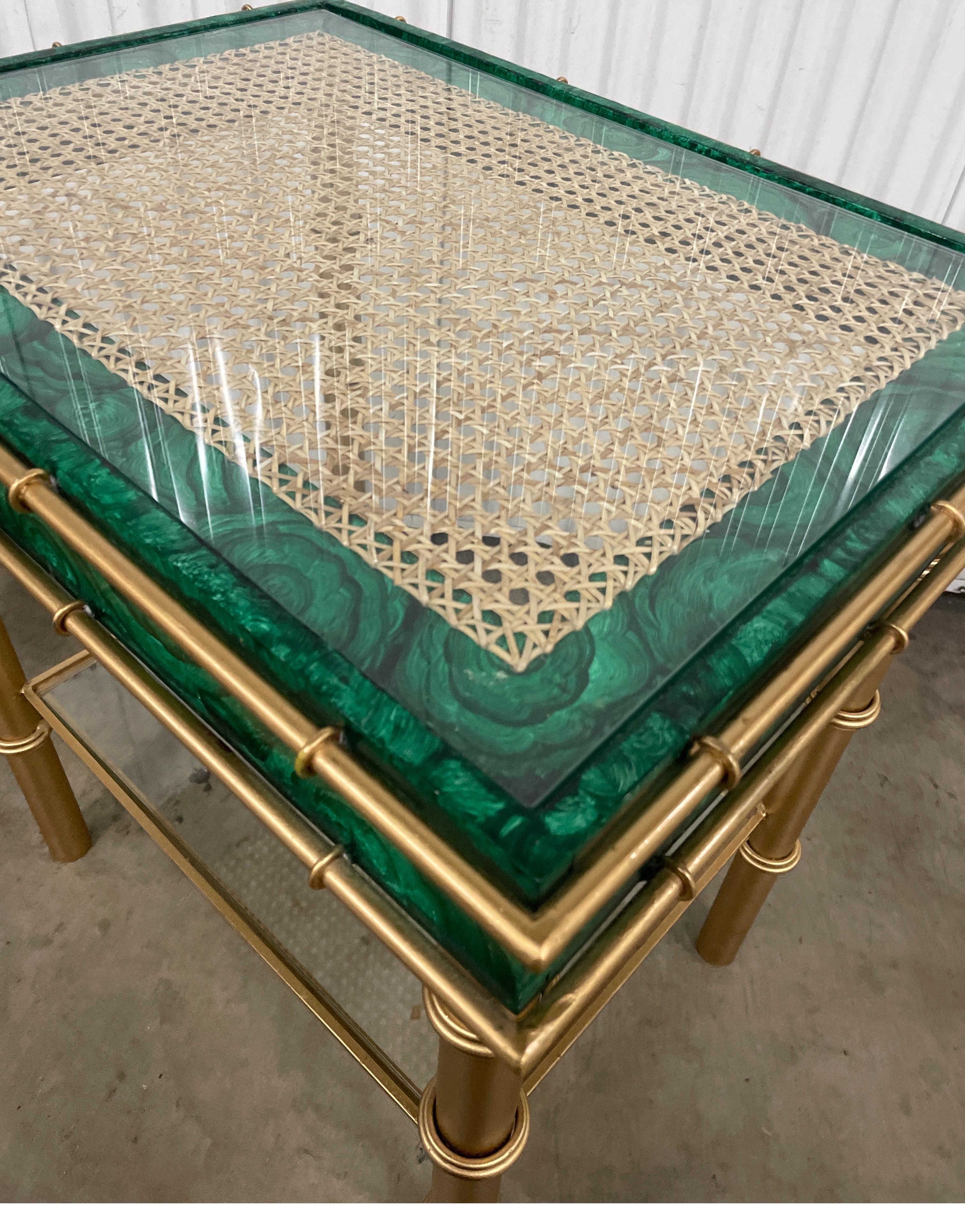 Gilt Metal & Faux Malachite Two-Tiered Side Table In Good Condition For Sale In West Palm Beach, FL