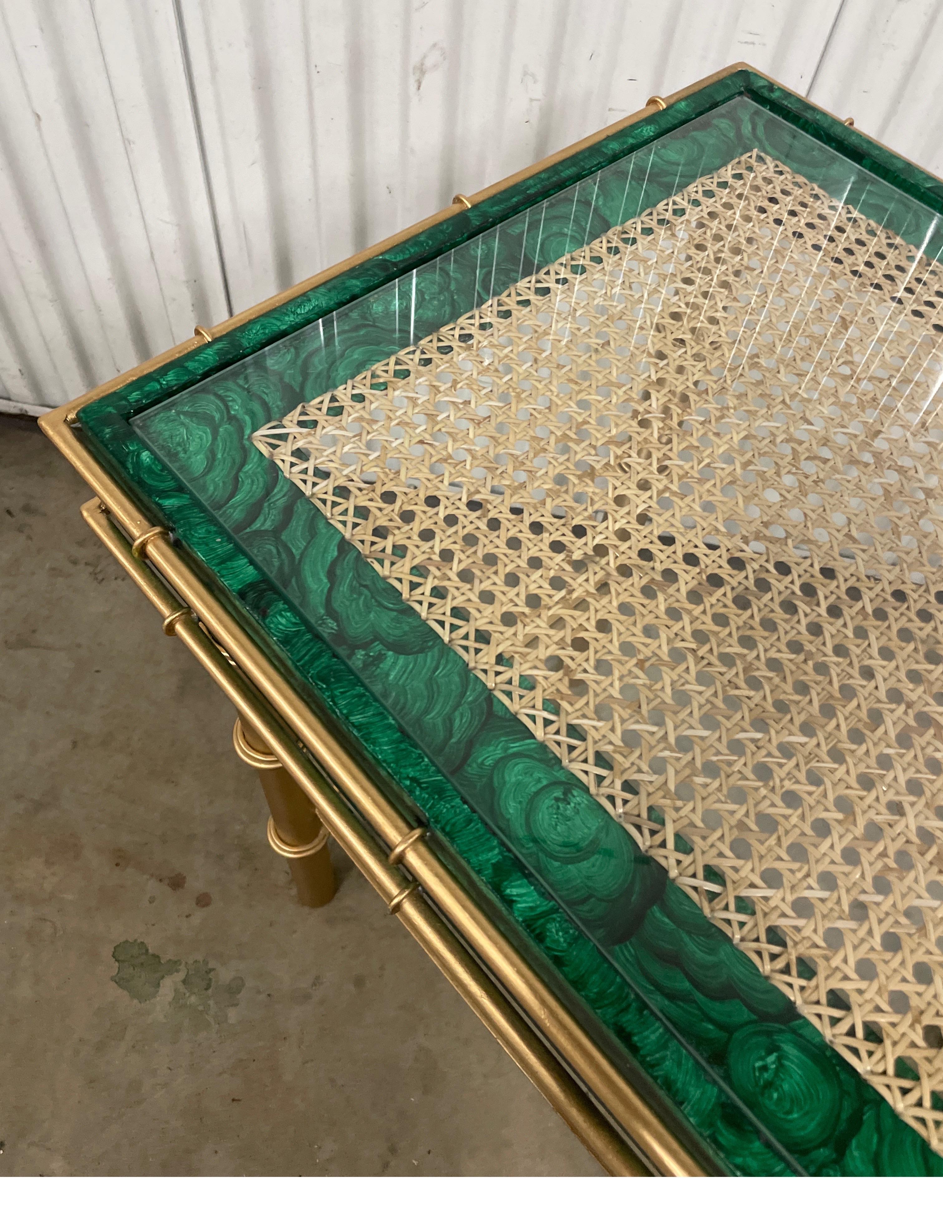 20th Century Gilt Metal & Faux Malachite Two-Tiered Side Table For Sale