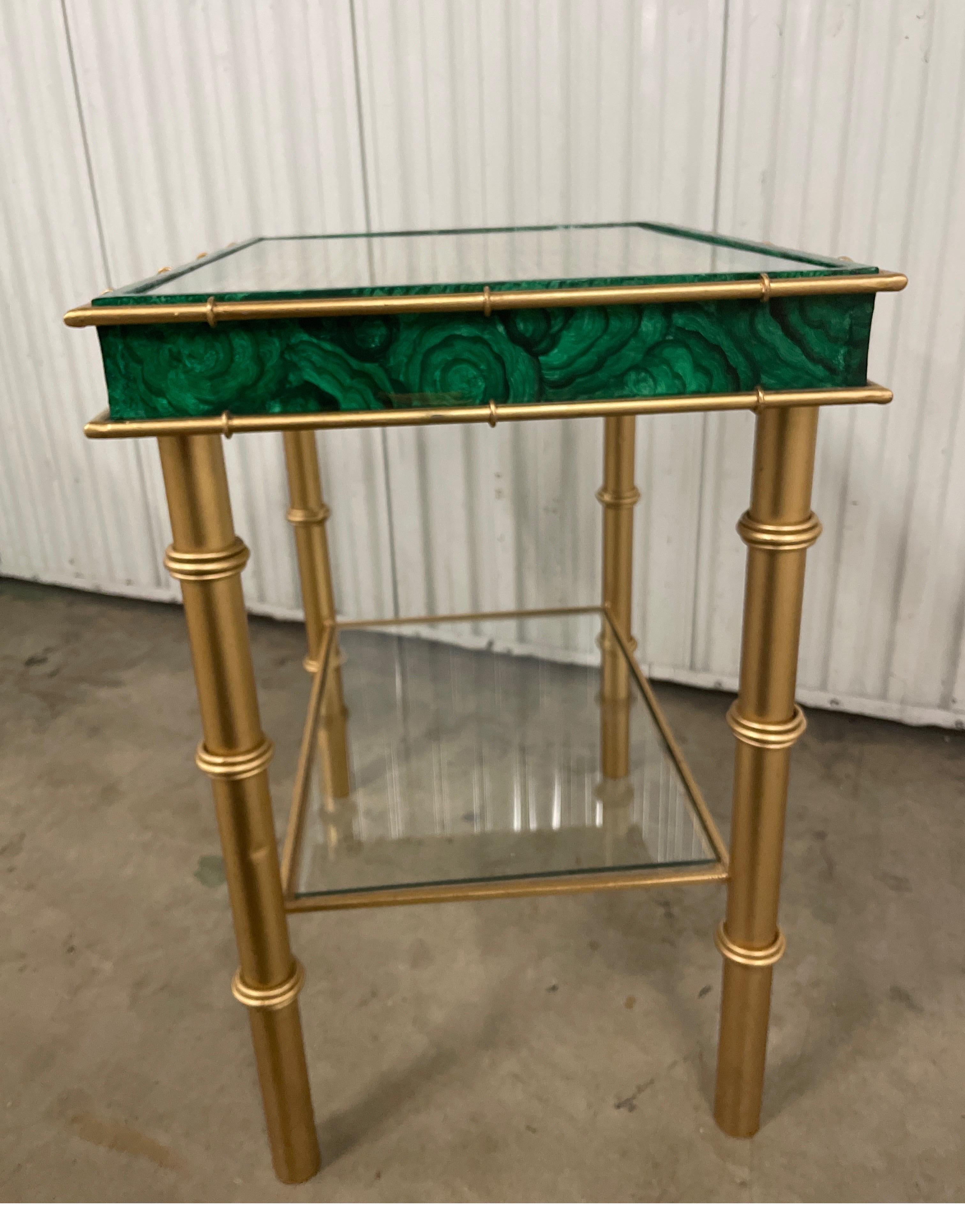 Gilt Metal & Faux Malachite Two-Tiered Side Table For Sale 3