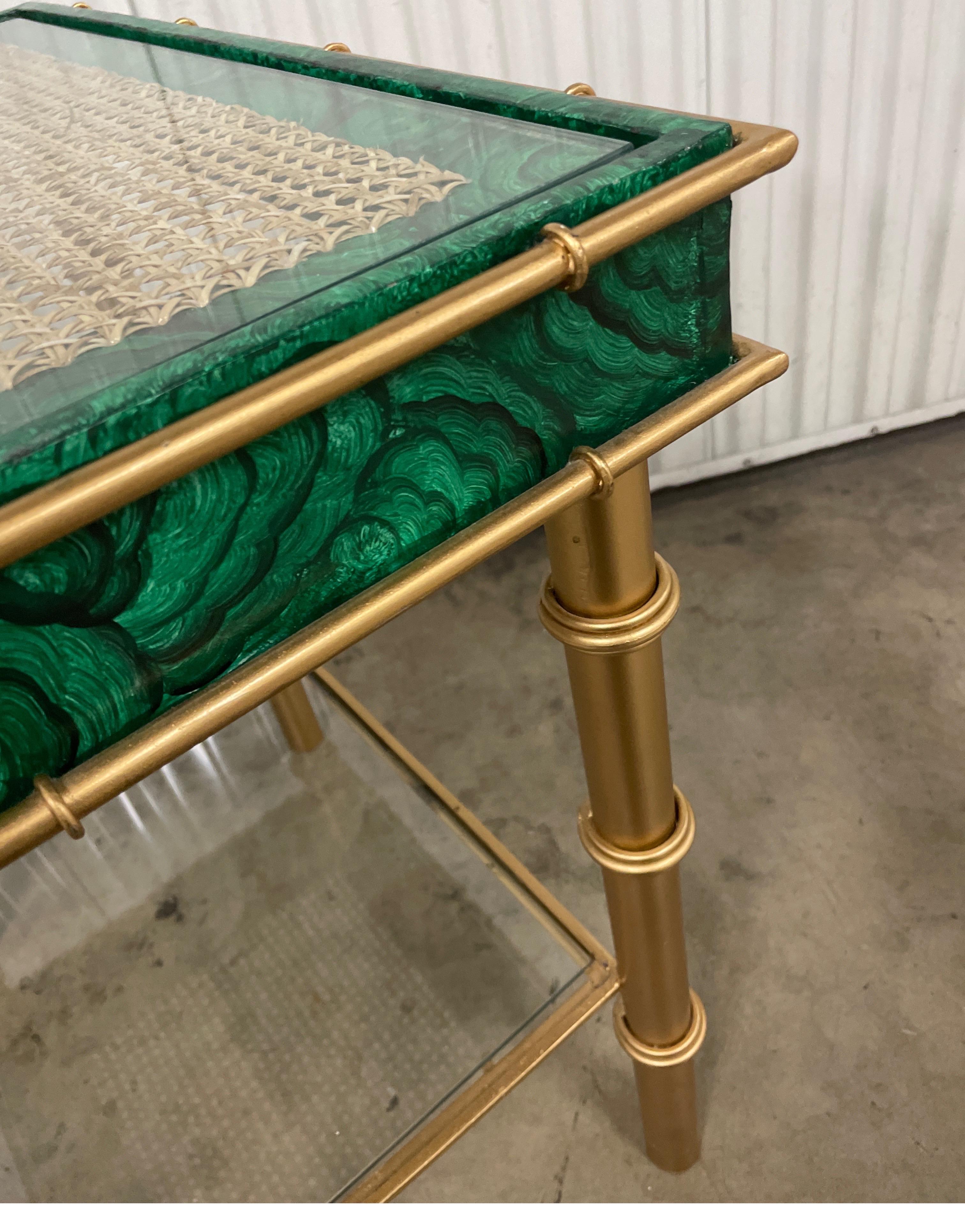 Gilt Metal & Faux Malachite Two-Tiered Side Table For Sale 4