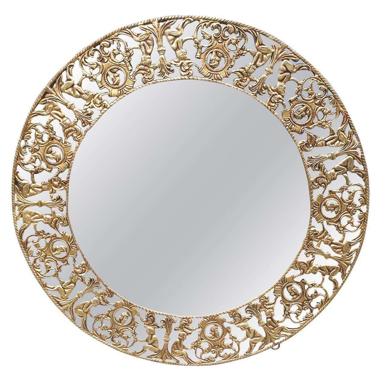 Gilt Metal Figural Sunburst Wall Mirror For Sale