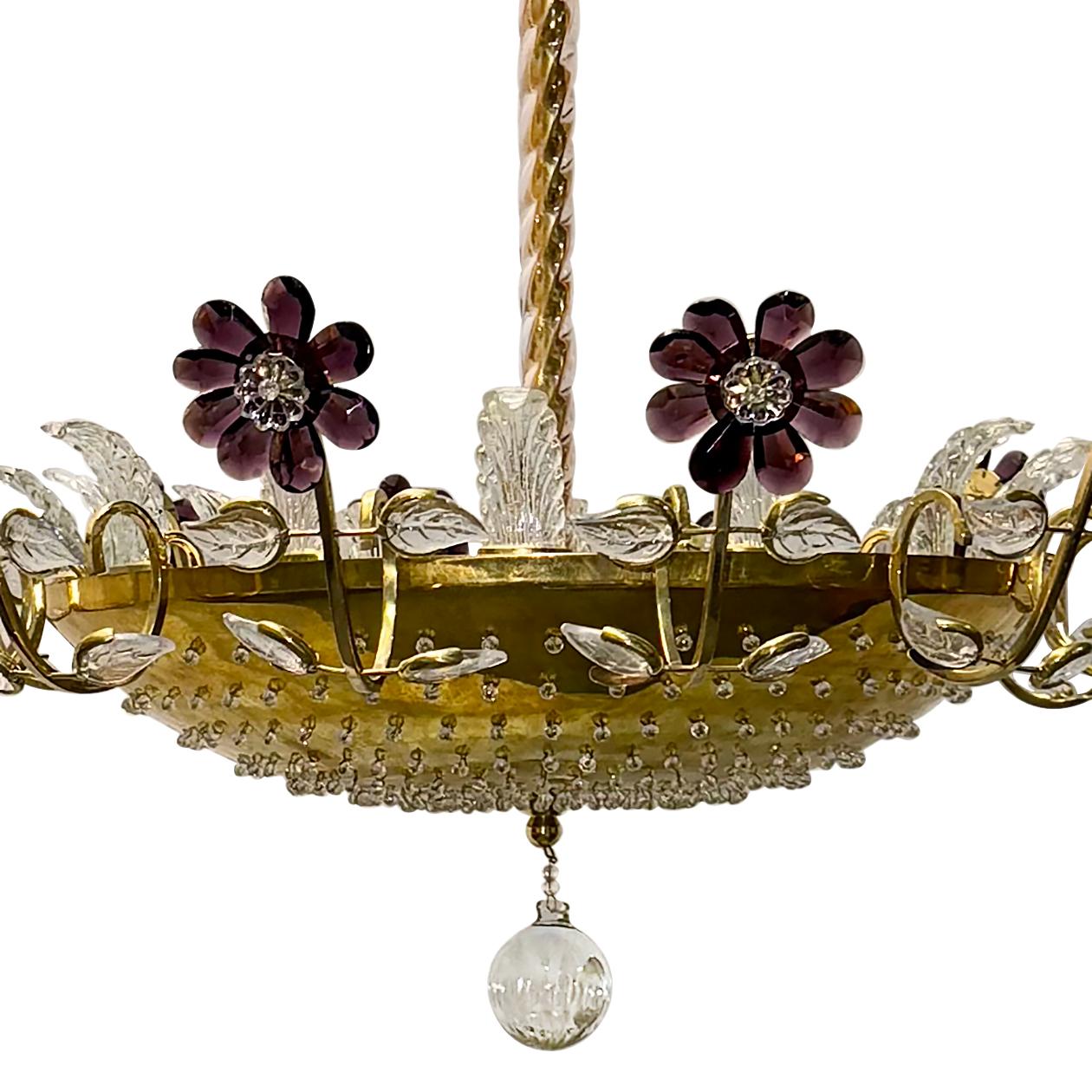French Gilt Metal Fixture with Amethyst Crystal Flowers For Sale