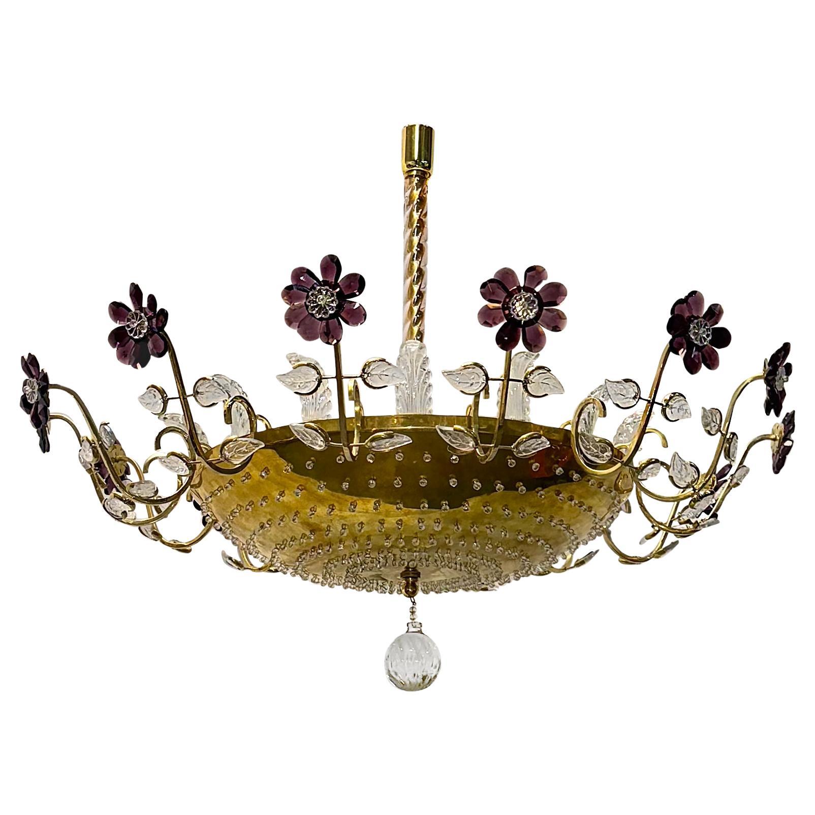 Luminaire en métal doré avec fleurs en cristal d'améthyste