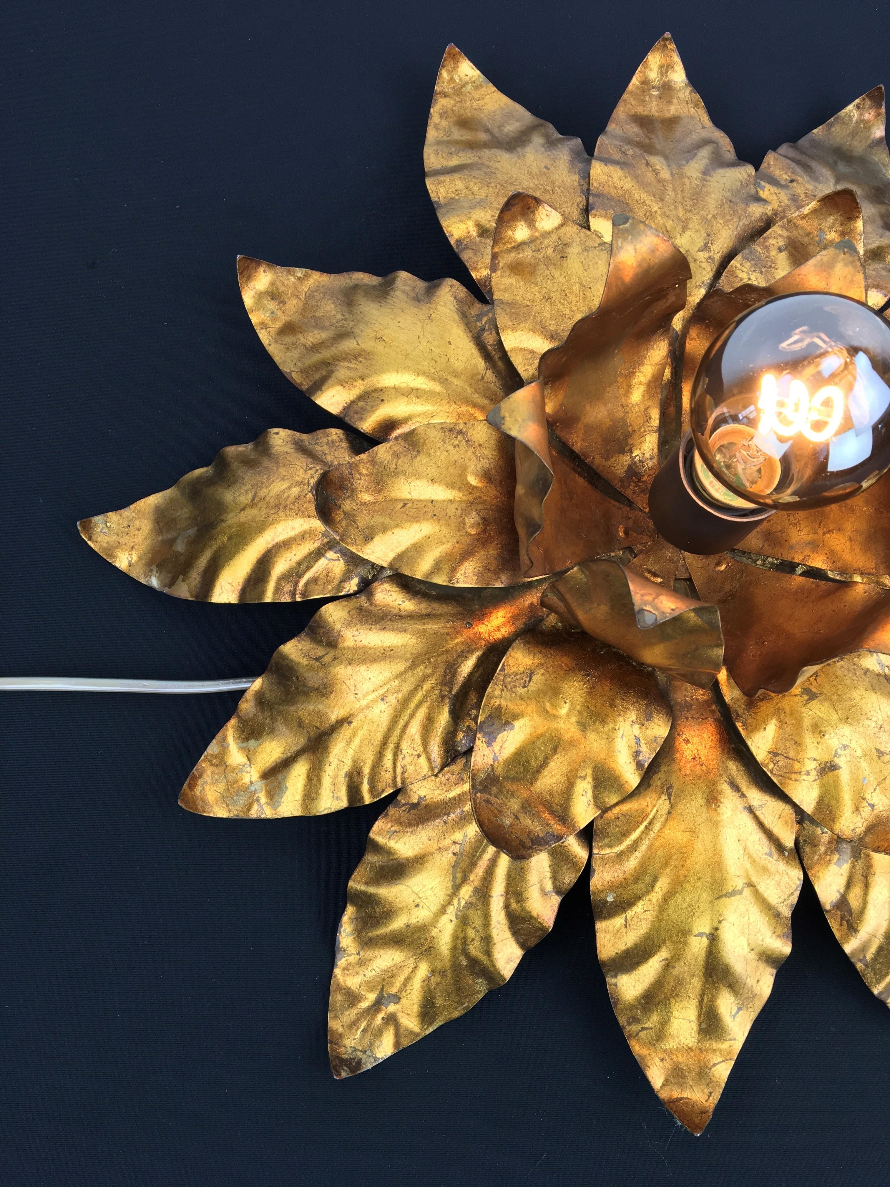 Gilt Metal Floral Wall Light or Flush Mount, 1960s In Good Condition In Antwerp, BE