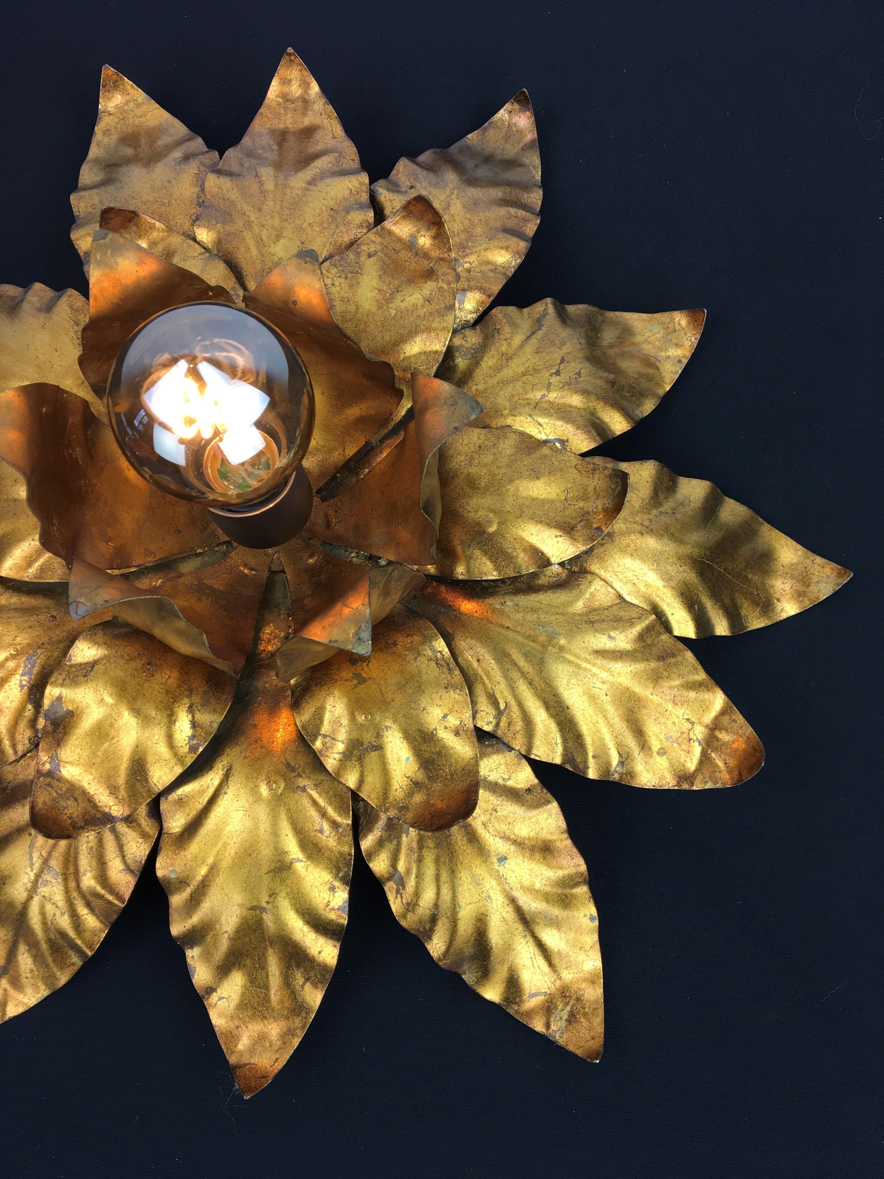 20th Century Gilt Metal Floral Wall Light or Flush Mount, 1960s