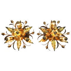 Gilt Metal Flower Flushmounts or Floral Wall Lights, 2 Pieces