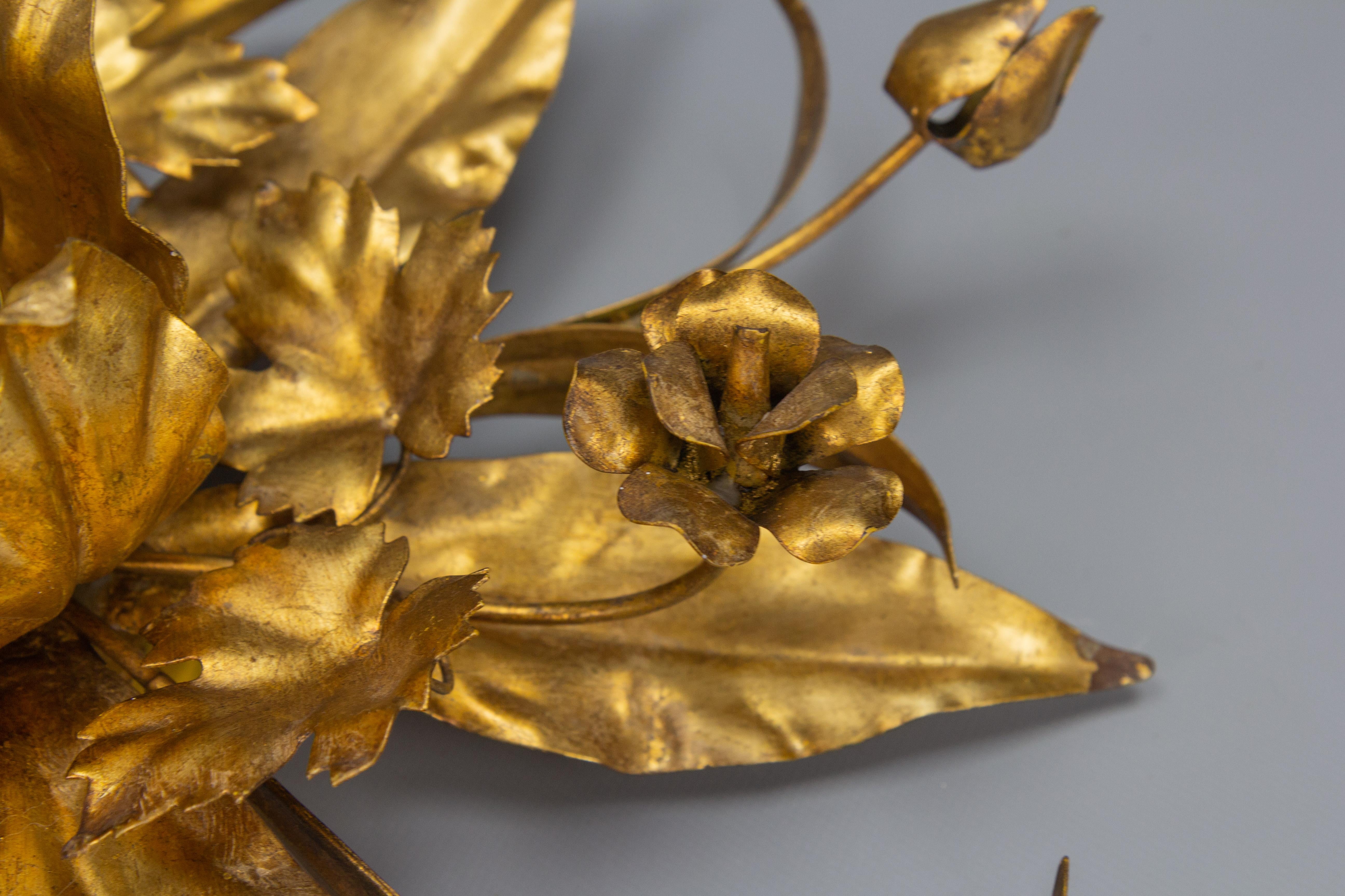 German Gilt Metal Flower Shaped Flush Mount or Wall Lamp by Hans Kögl, 1970s For Sale