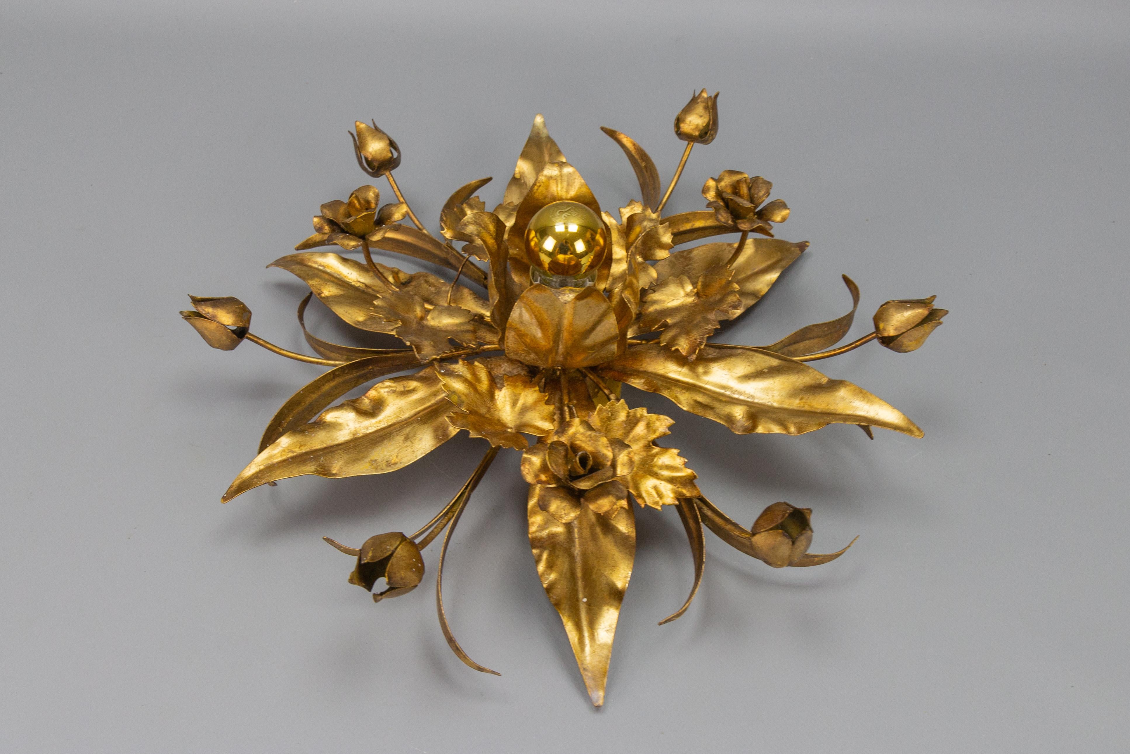 Late 20th Century Gilt Metal Flower Shaped Flush Mount or Wall Lamp by Hans Kögl, 1970s For Sale