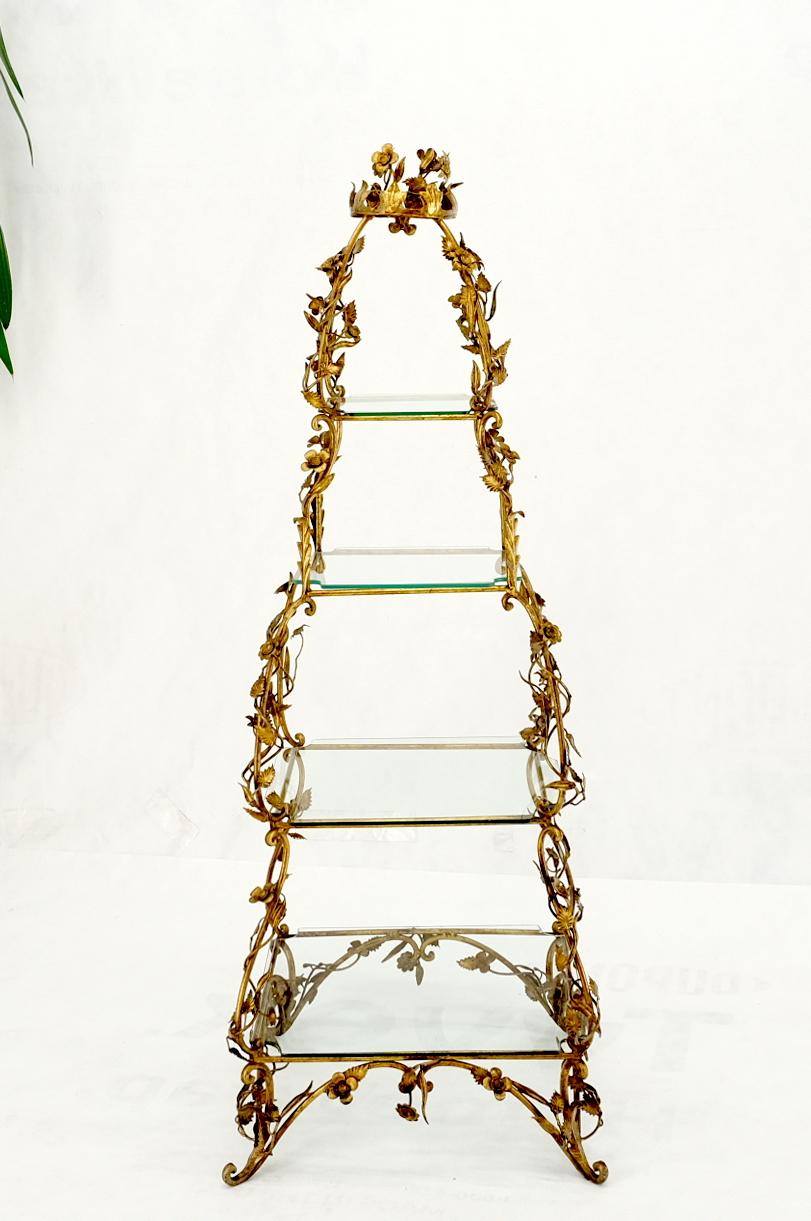 20th Century Gilt Metal Flowers Decorated Italian Pyramid Shape Display Shelves Etagere Table For Sale