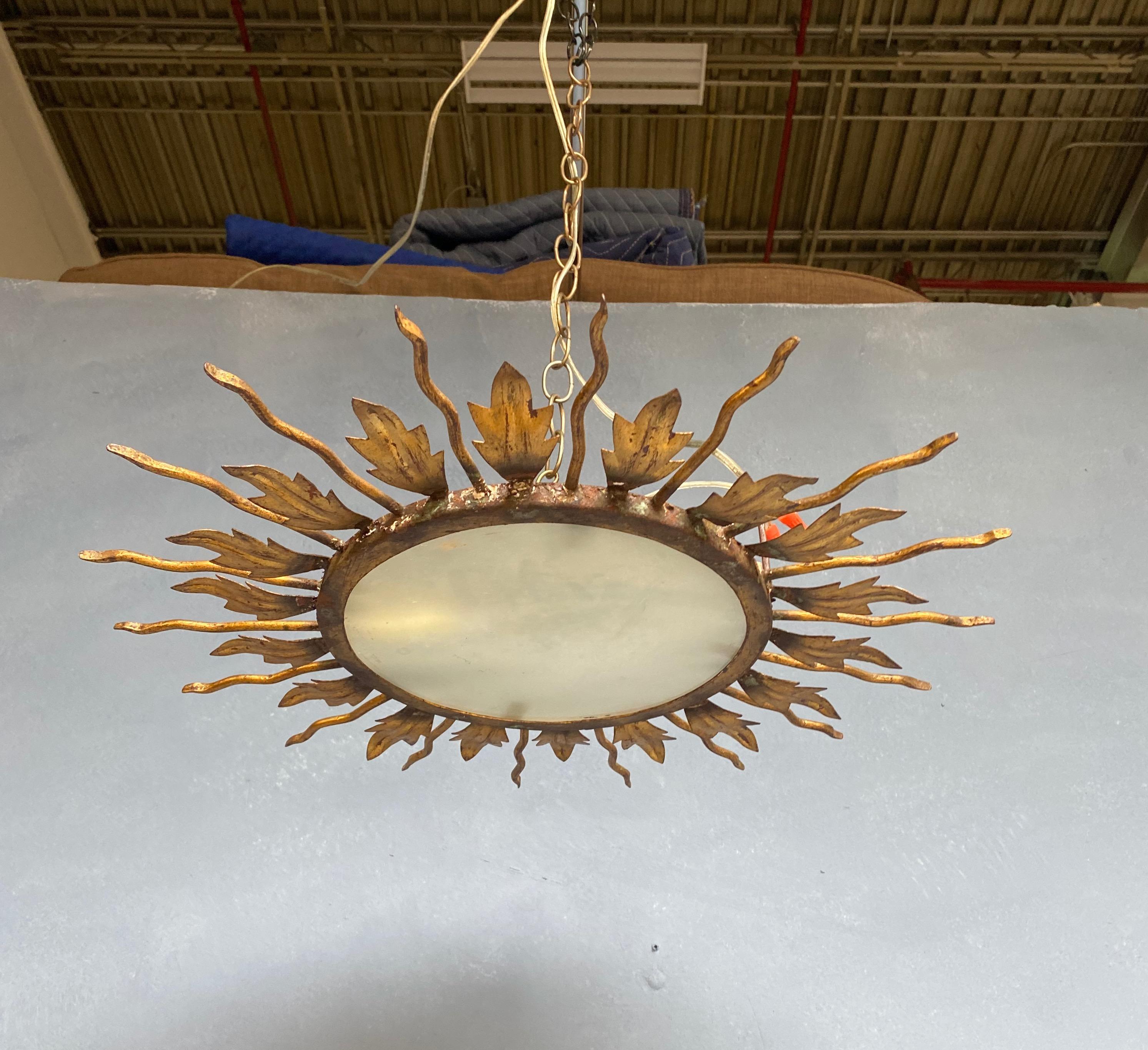 Gilt Metal Flush Mount Ceiling Fixture with Leaves and Rays 3