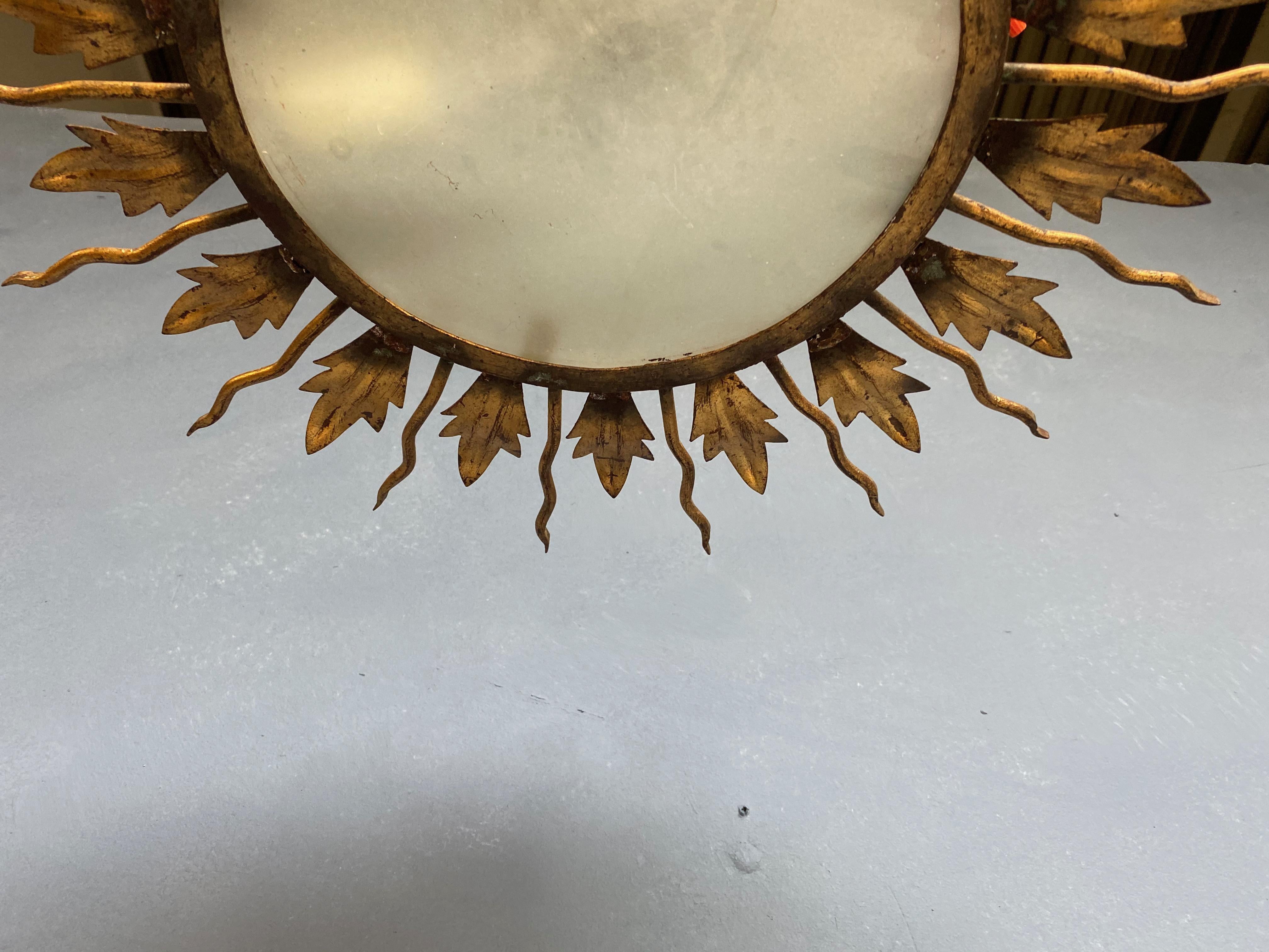 Spanish Gilt Metal Flush Mount Ceiling Fixture with Leaves and Rays