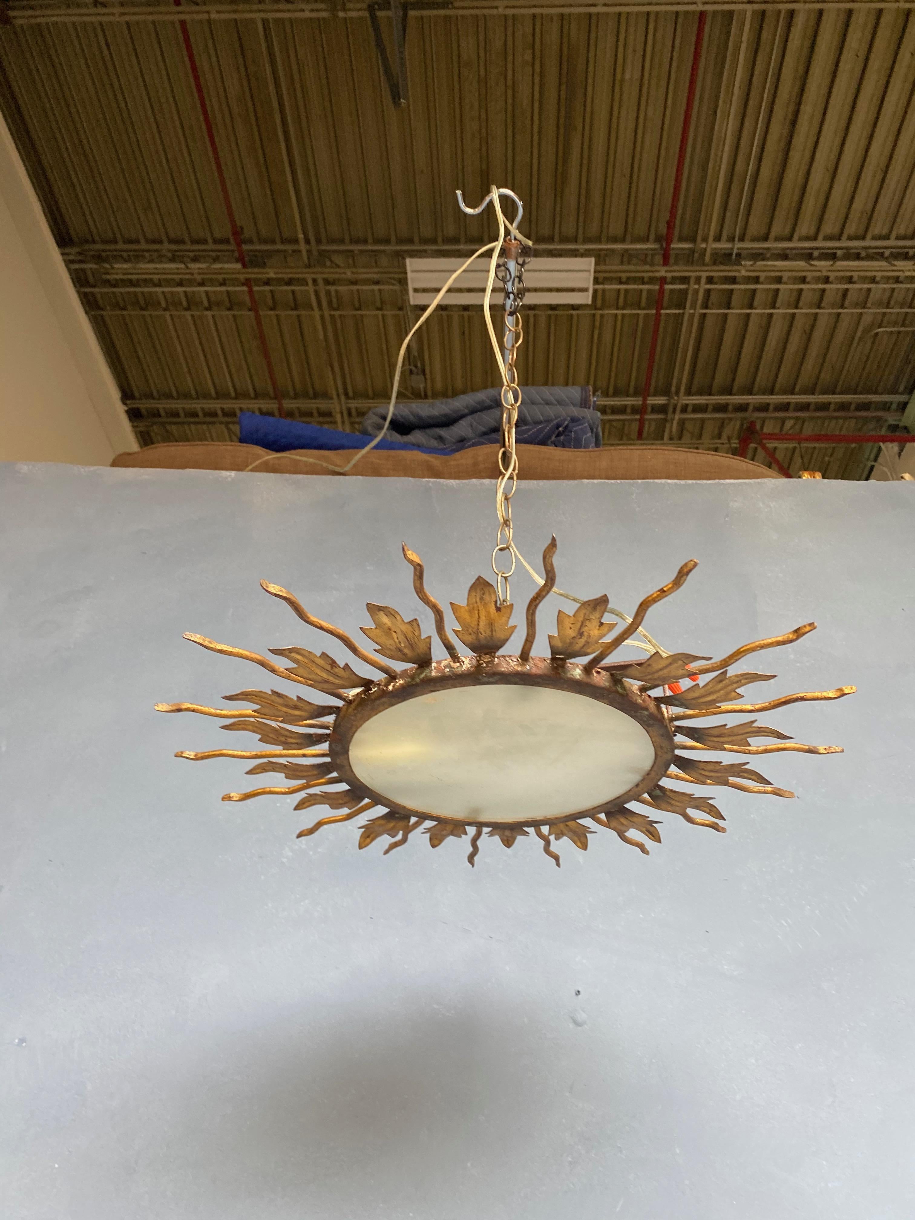 Gilt Metal Flush Mount Ceiling Fixture with Leaves and Rays In Good Condition In Buchanan, NY