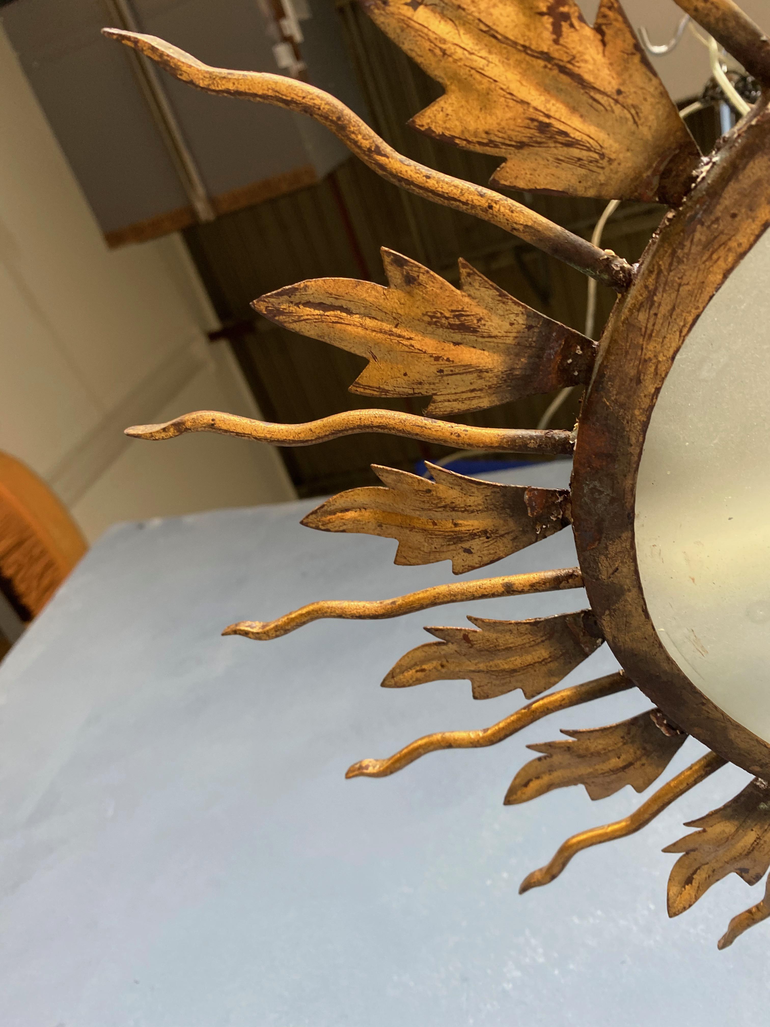 Mid-20th Century Gilt Metal Flush Mount Ceiling Fixture with Leaves and Rays