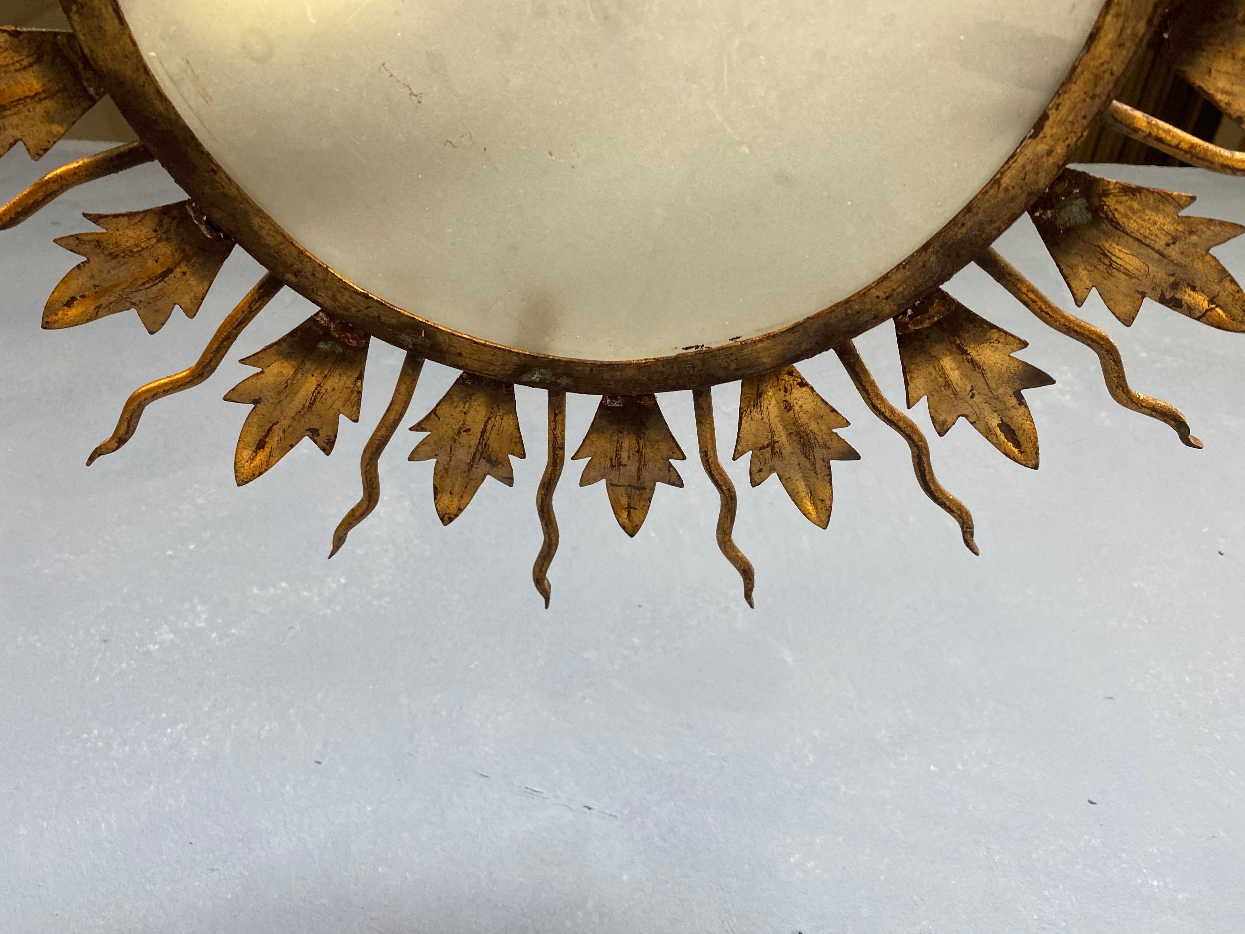 Gilt Metal Flush Mount Ceiling Fixture with Leaves and Rays 1