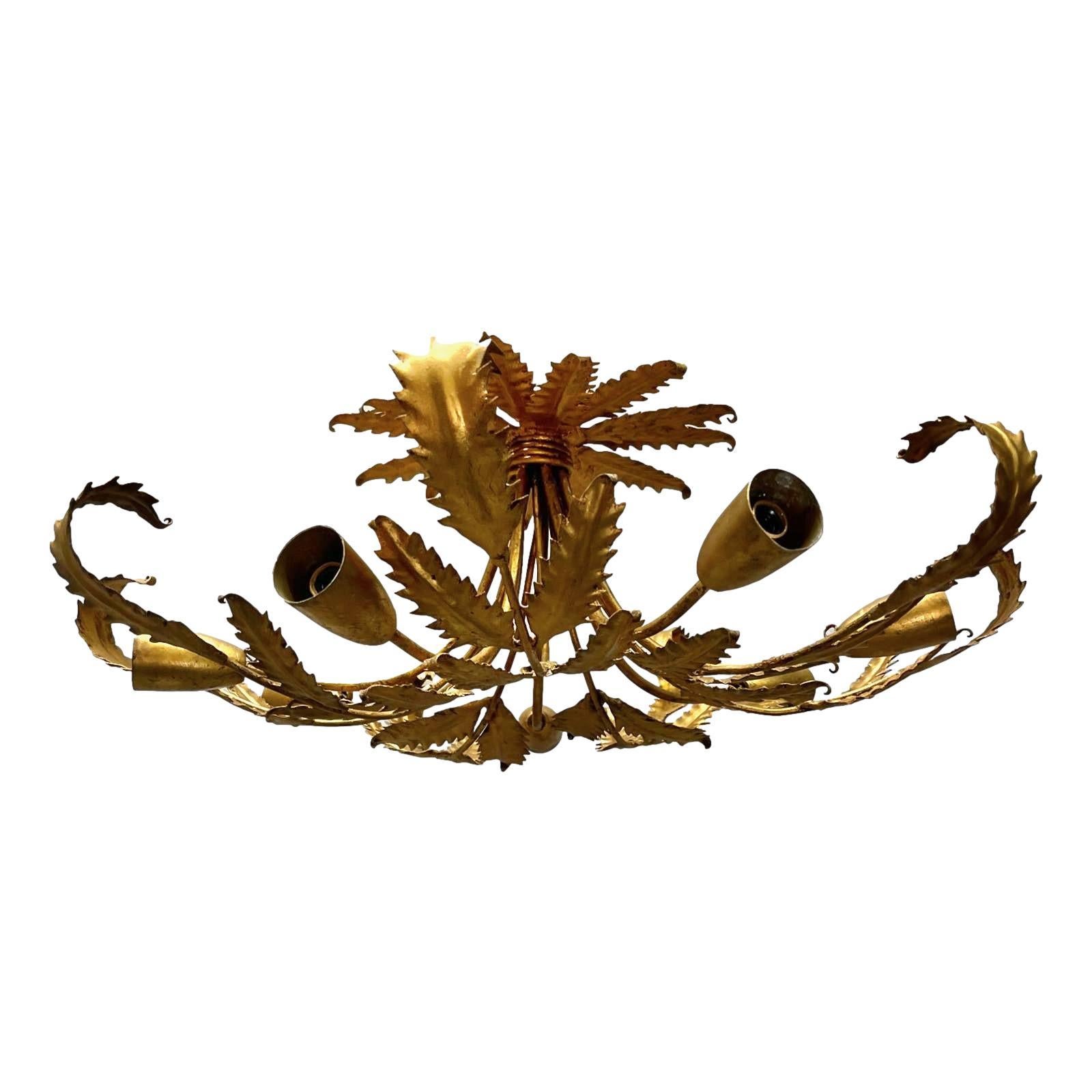 French Mid Century Gilt Metal Foliage Light Fixture For Sale