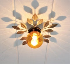 Gilt Metal Foliage Light Fixture with Amber Blown Glass Globe, 1960s