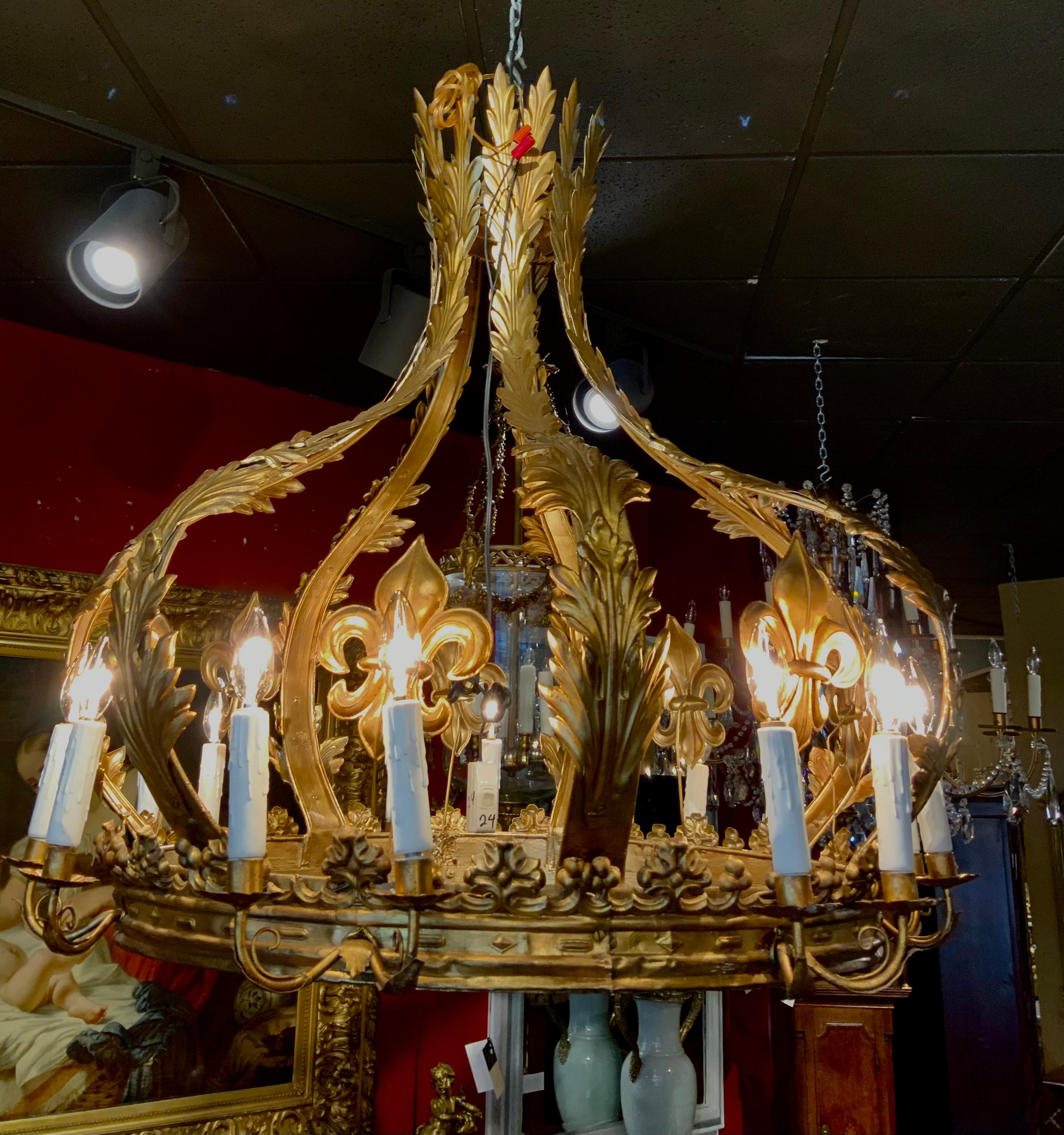 Gilt Metal French  Crown Chandelier with 12 Lights and Fleur D Lis Design 1