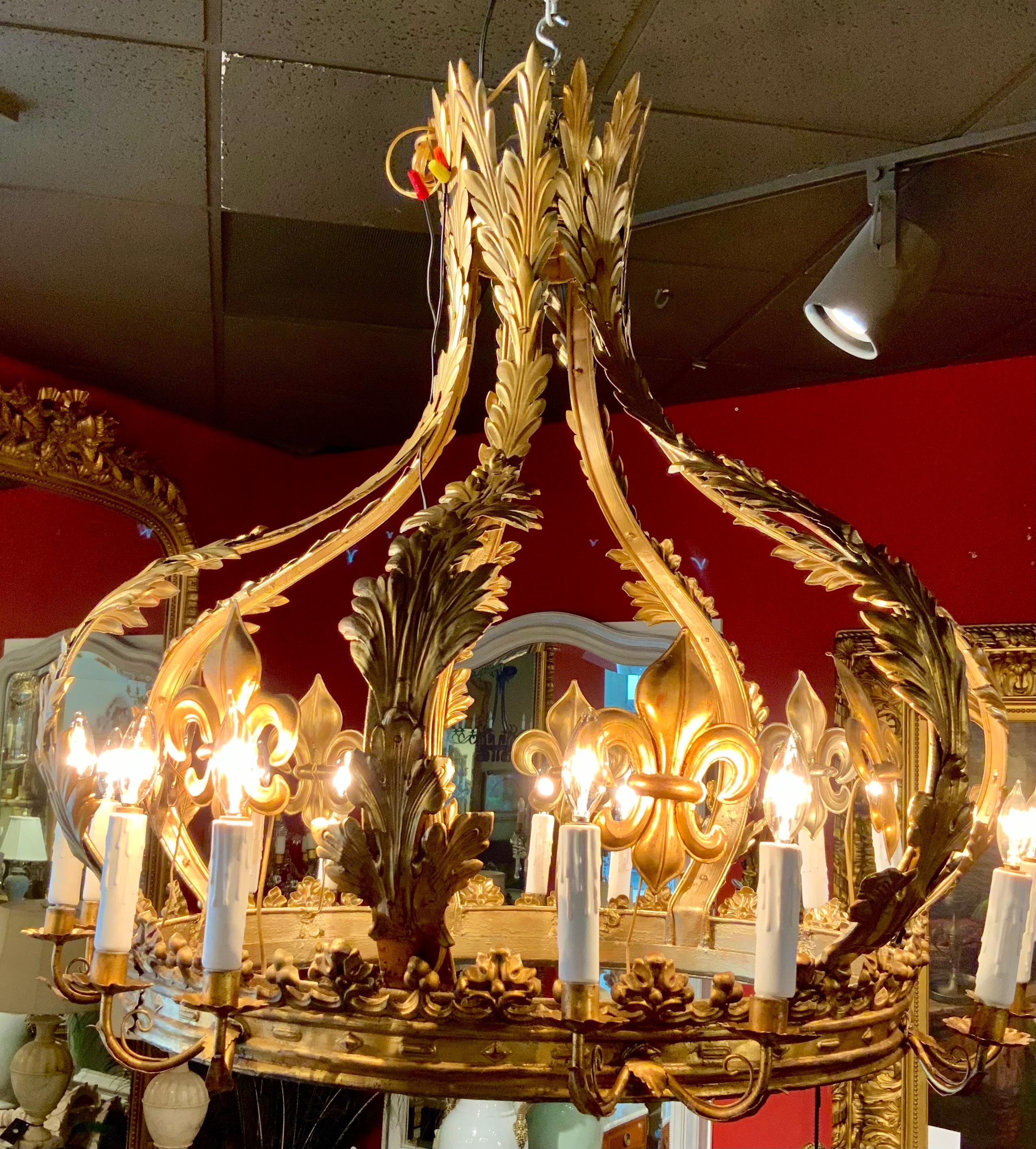 Gilt Metal French  Crown Chandelier with 12 Lights and Fleur D Lis Design 2