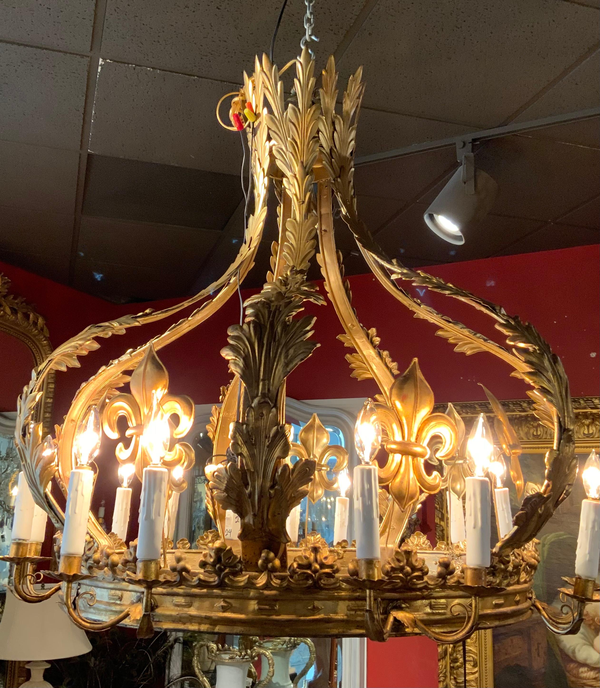 Gilt Metal French  Crown Chandelier with 12 Lights and Fleur D Lis Design 3