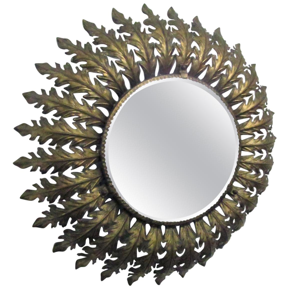 Französischer runder Eyelash-Spiegel aus vergoldetem Metall