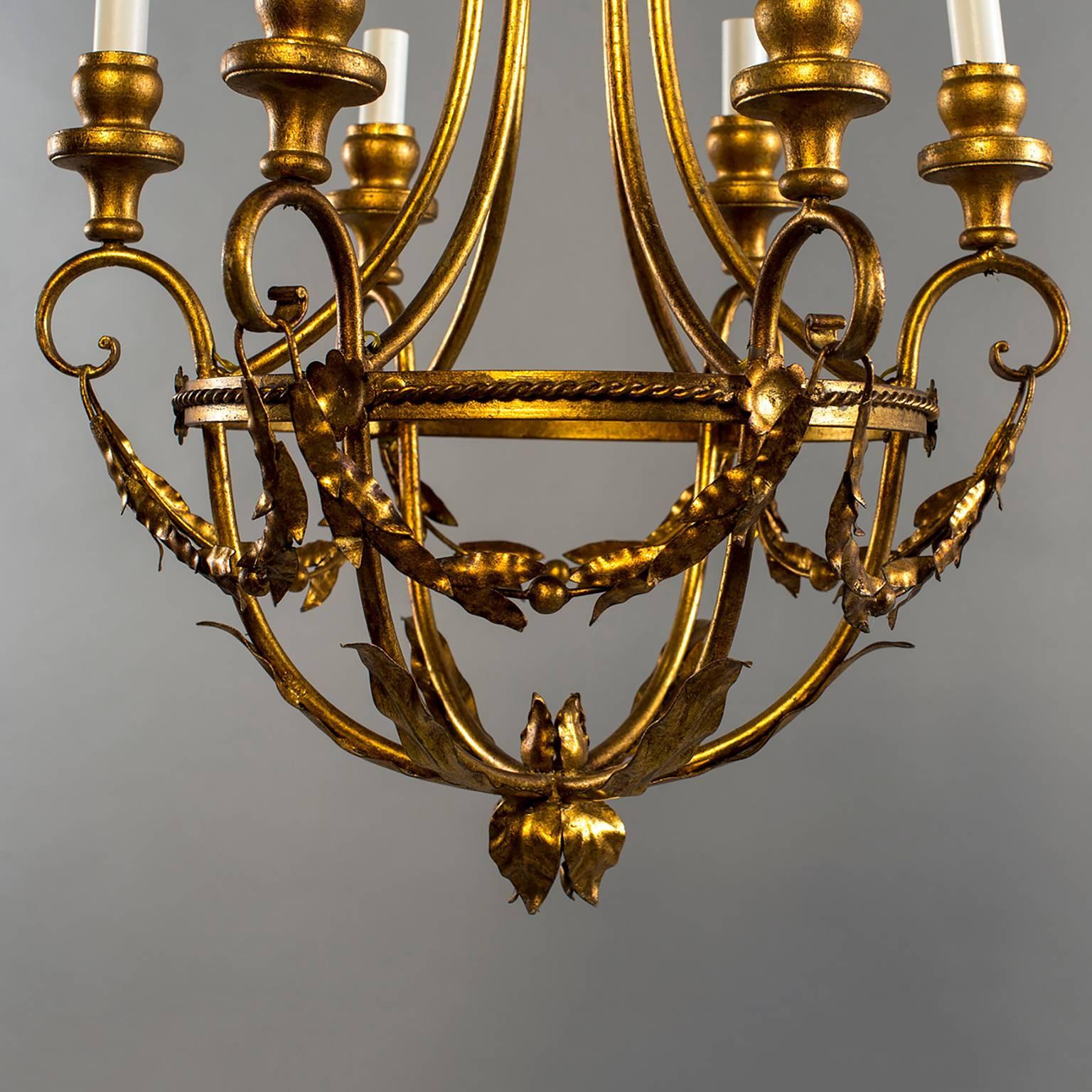 Gilt Metal French Six-Light Chandelier In Good Condition For Sale In Troy, MI