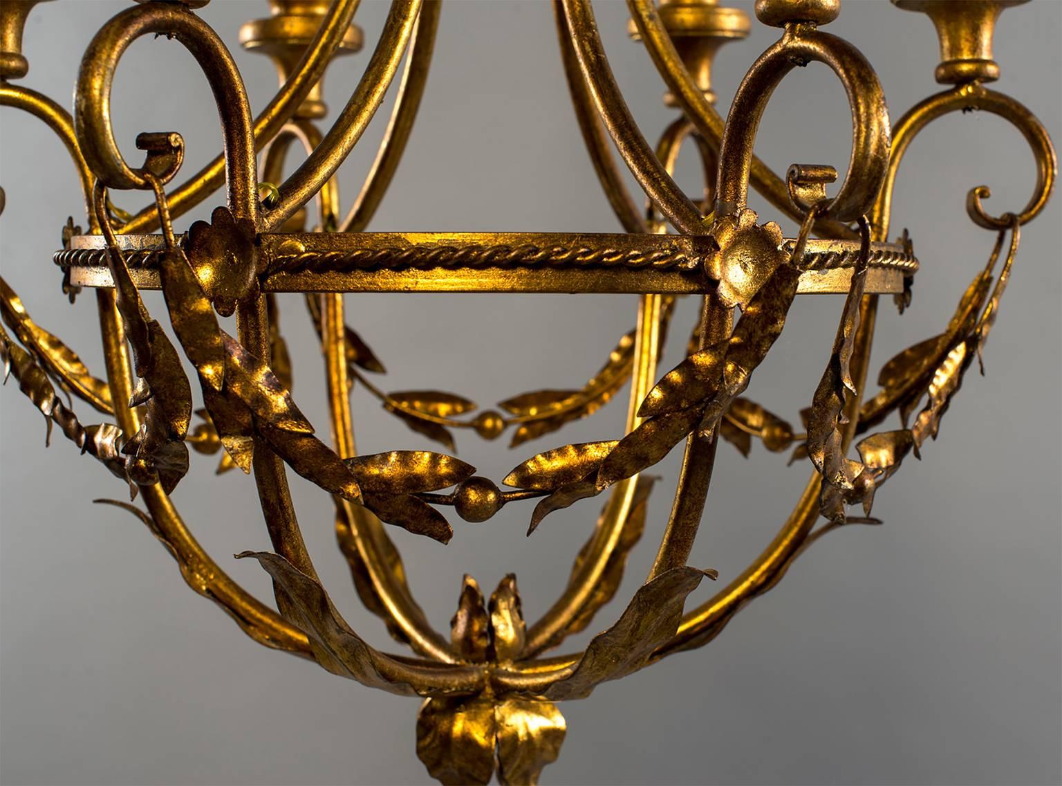 20th Century Gilt Metal French Six-Light Chandelier For Sale