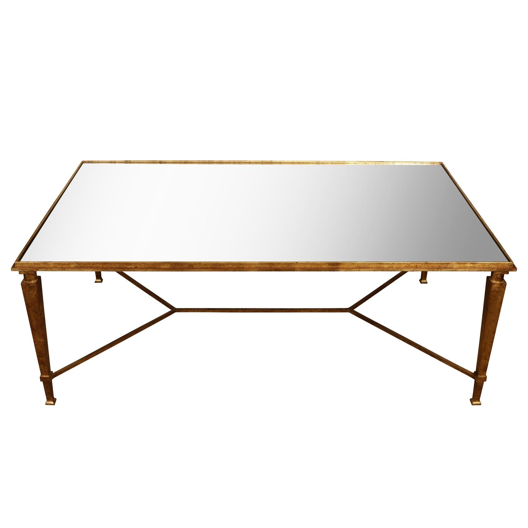 Gilt Metal French Style Coffee Table with Mirror Top In Good Condition For Sale In Locust Valley, NY
