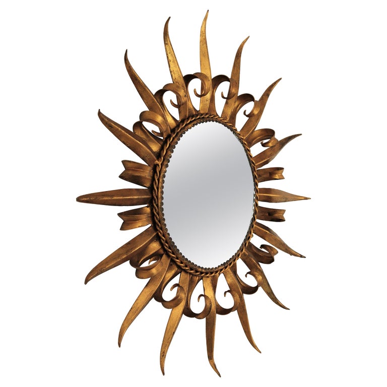 Gilt Metal French Sunburst Mirror Eyelash Design, 1950s For Sale