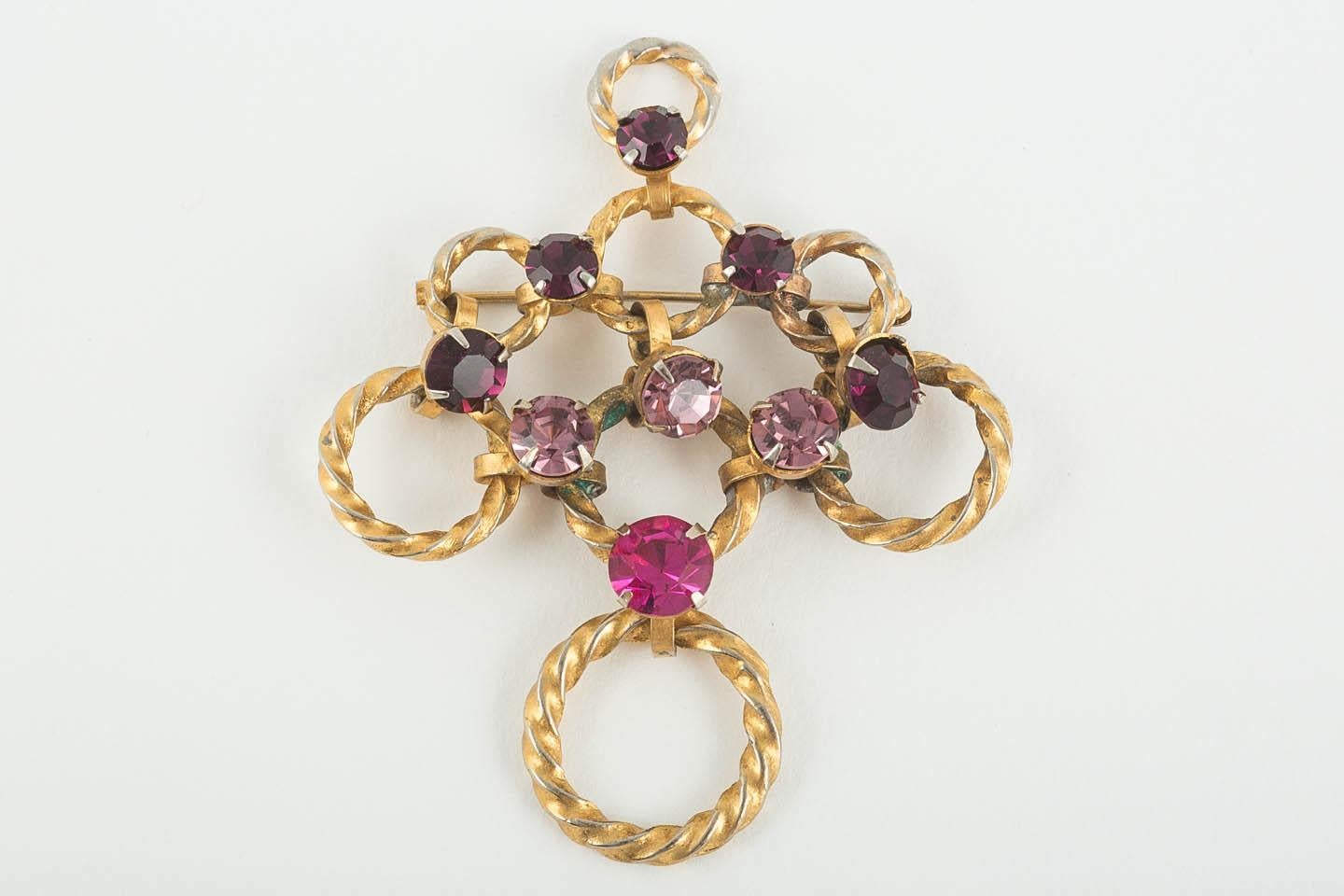 Women's Gilt metal, fuschia and amethyst paste brooch/earrings, Christian Dior, c. 1954 For Sale
