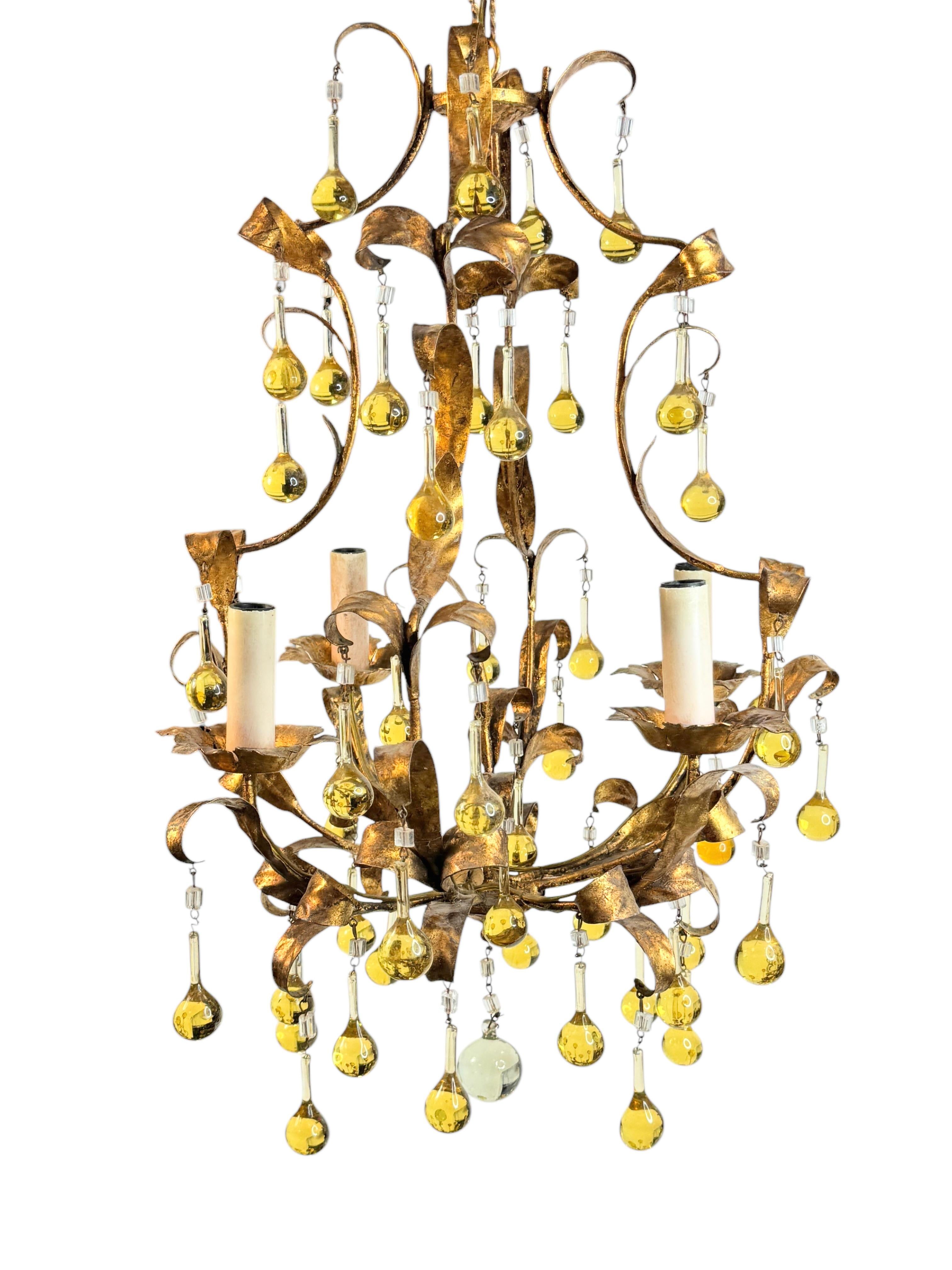 Gilt Metal & Glass Drop Four Light Chandelier Toleware Coco Chanel Style Italy For Sale 4
