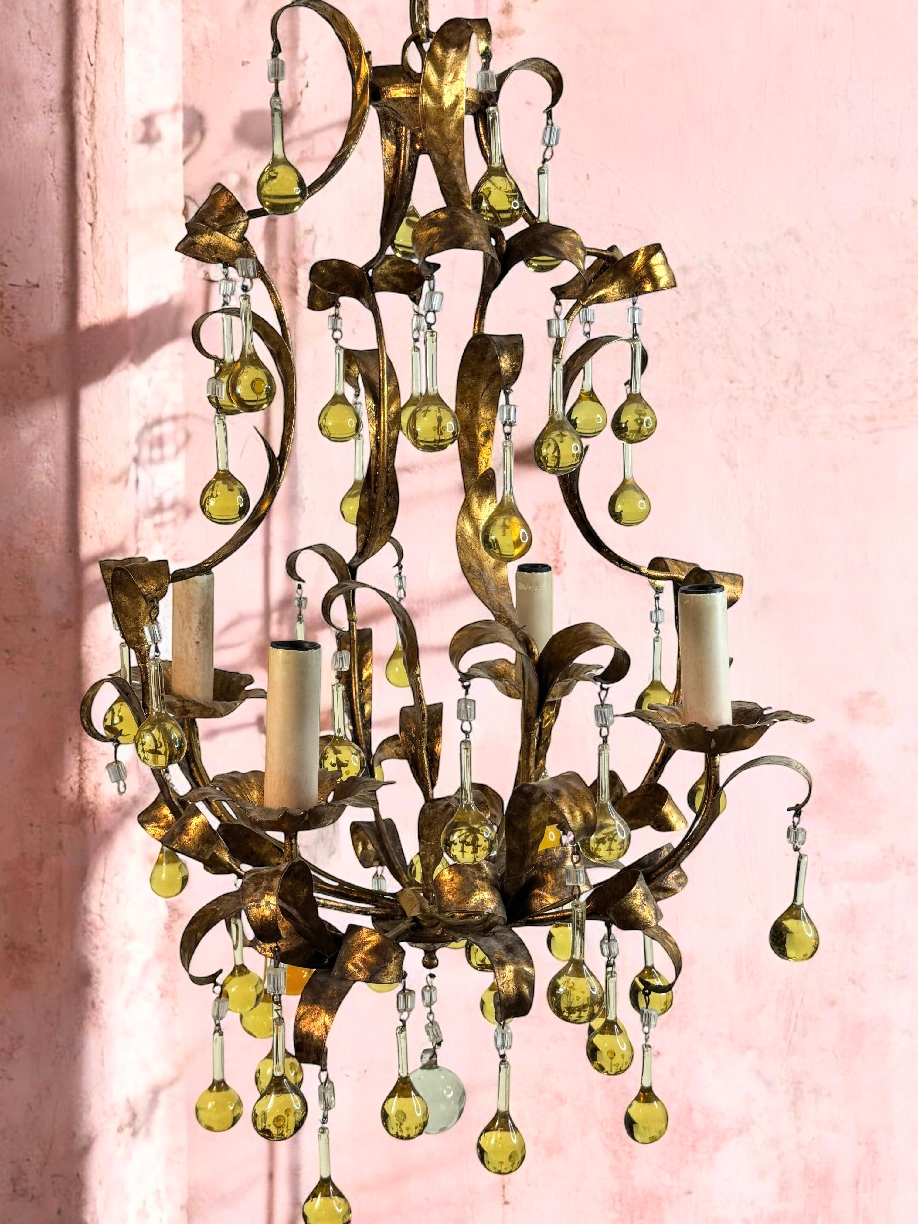 Gilt Metal & Glass Drop Four Light Chandelier Toleware Coco Chanel Style Italy For Sale 5