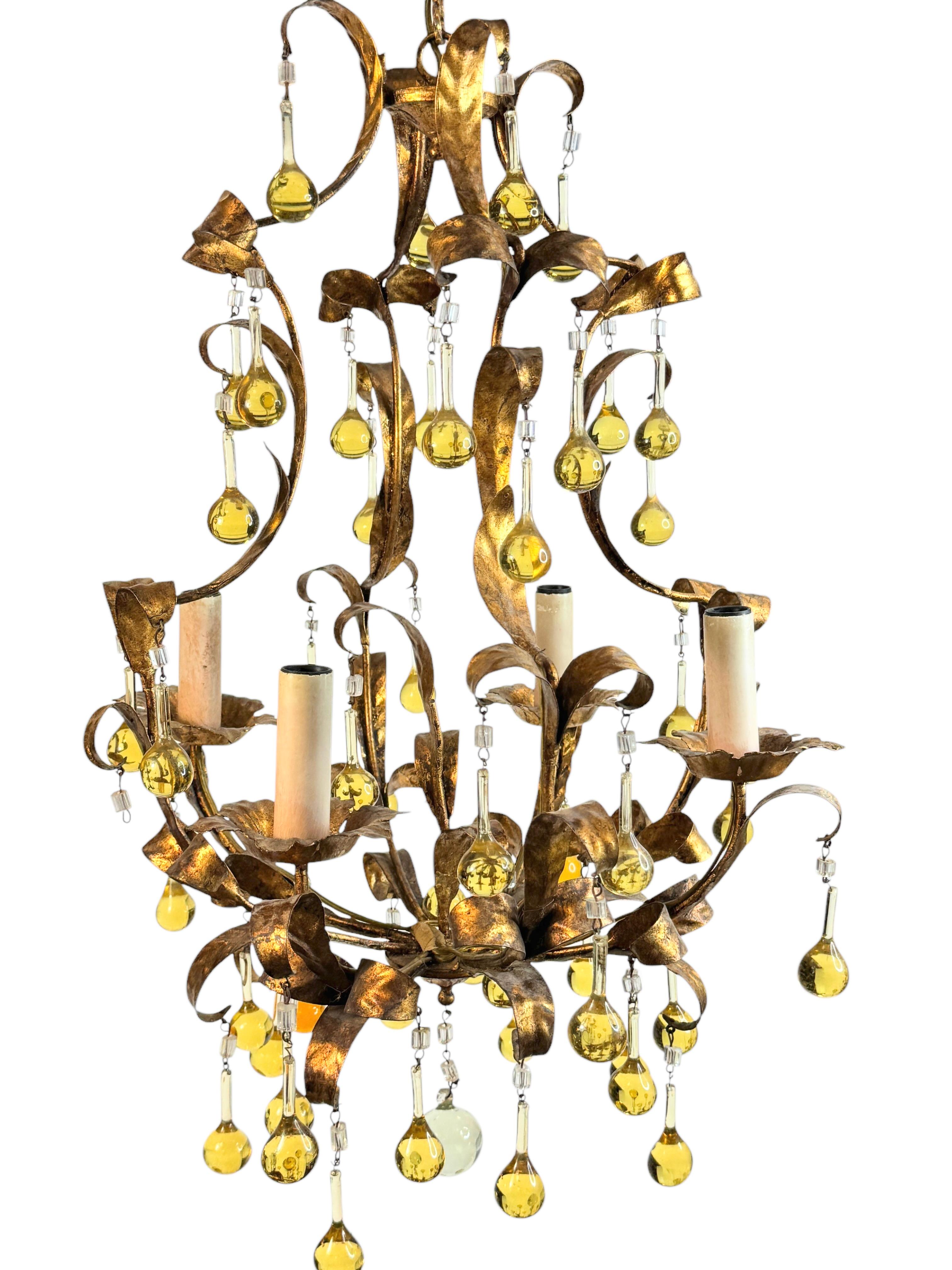 Gilt Metal & Glass Drop Four Light Chandelier Toleware Coco Chanel Style Italy For Sale 6