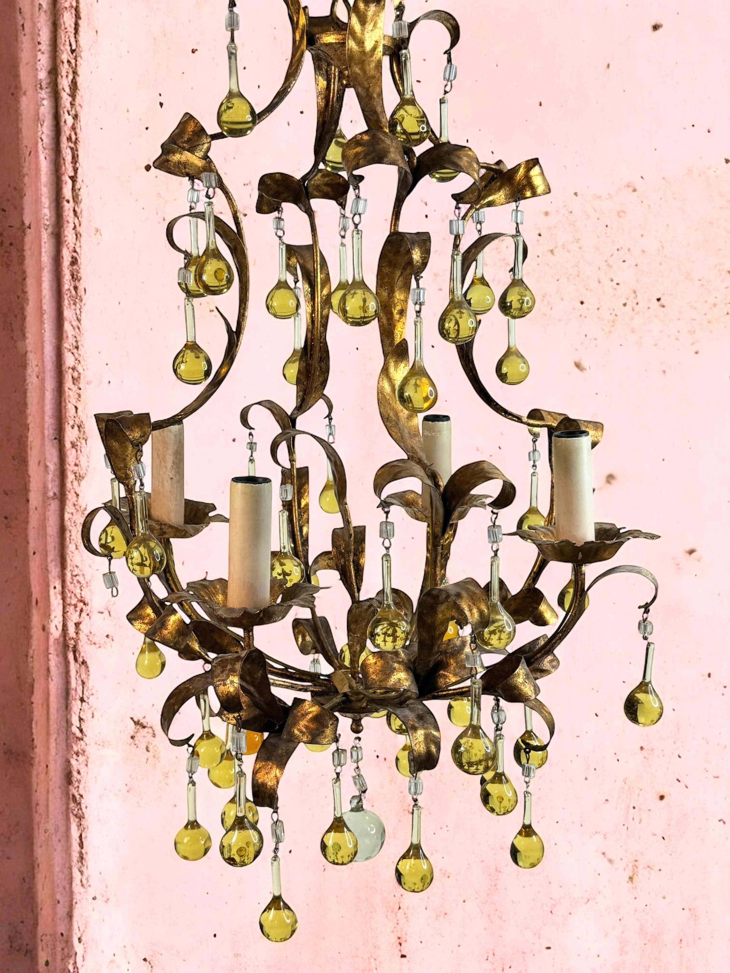 Gilt Metal & Glass Drop Four Light Chandelier Toleware Coco Chanel Style Italy For Sale 7