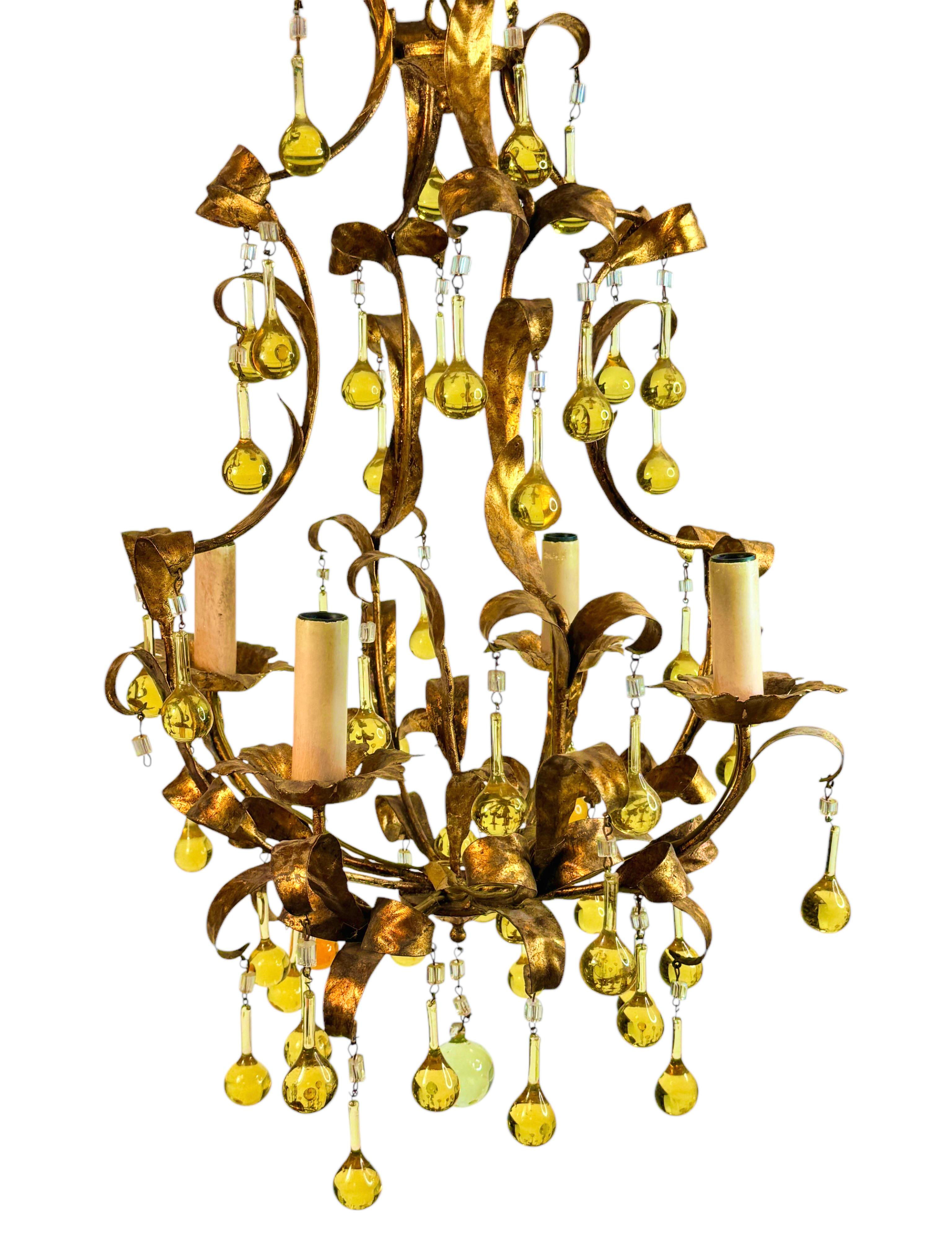 Gilt Metal & Glass Drop Four Light Chandelier Toleware Coco Chanel Style Italy For Sale 8
