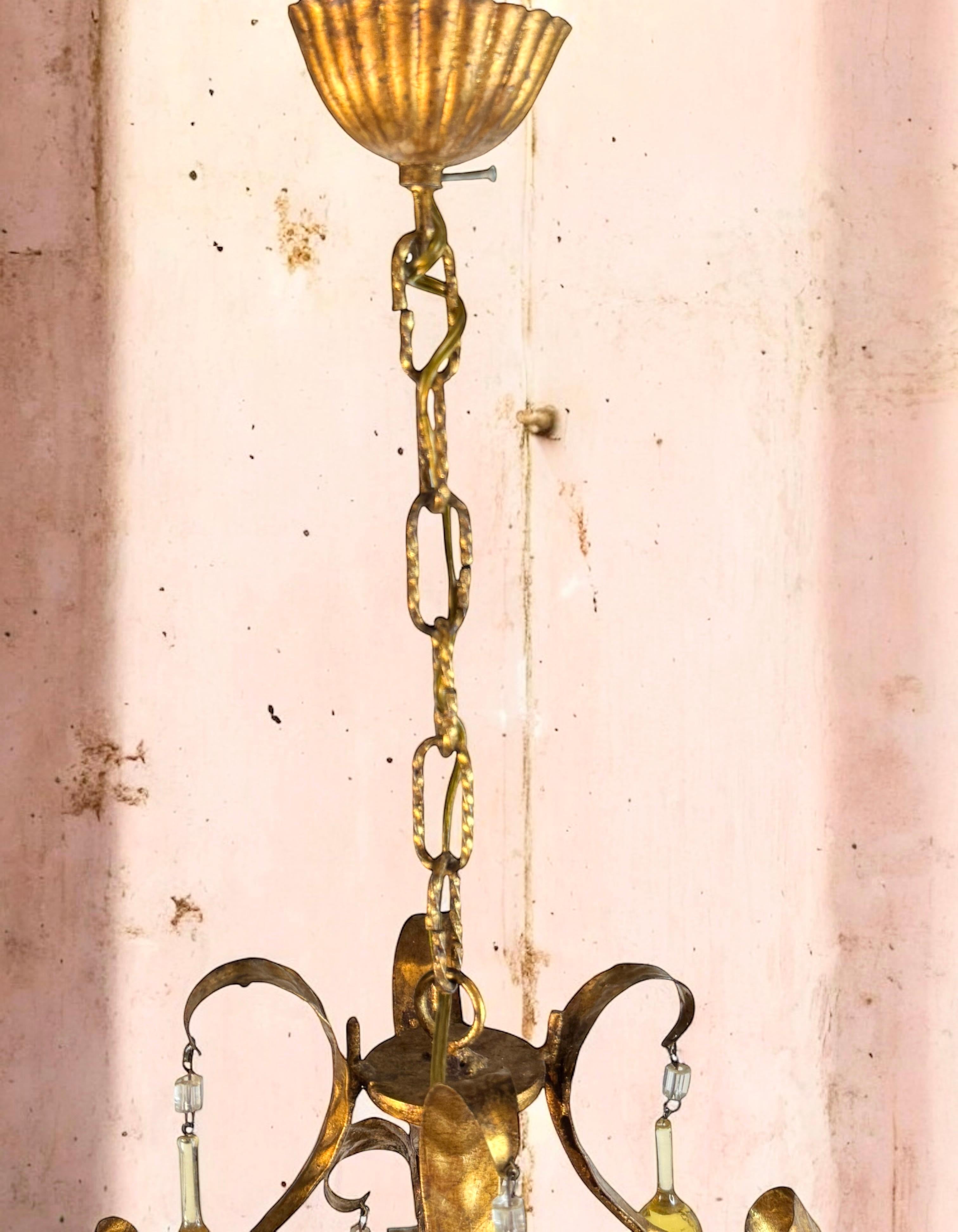 Gilt Metal & Glass Drop Four Light Chandelier Toleware Coco Chanel Style Italy For Sale 9