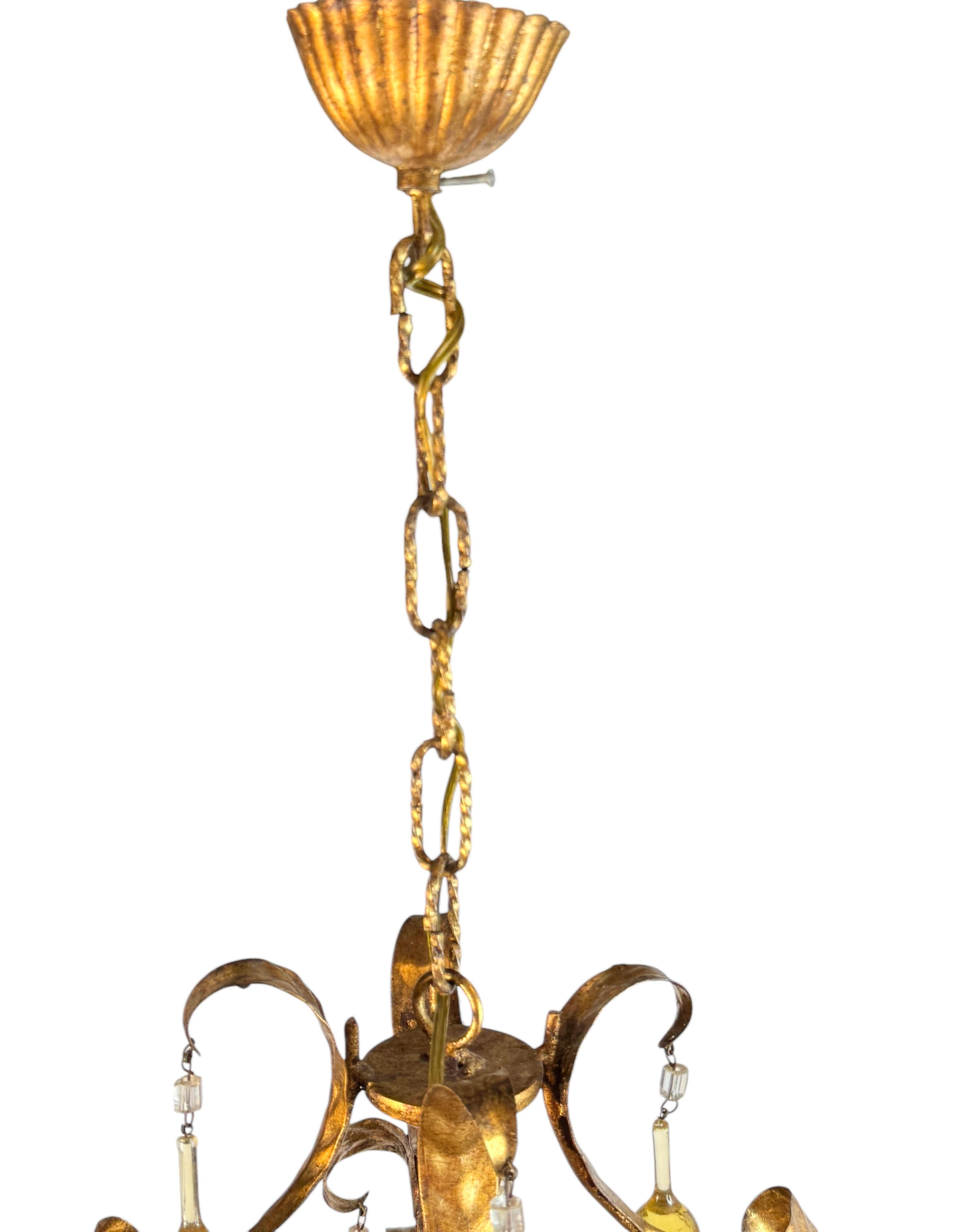 Gilt Metal & Glass Drop Four Light Chandelier Toleware Coco Chanel Style Italy For Sale 10