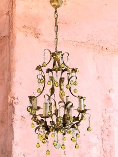 Gilt Metal & Glass Drop Four Light Chandelier Toleware Coco Chanel Style Italy