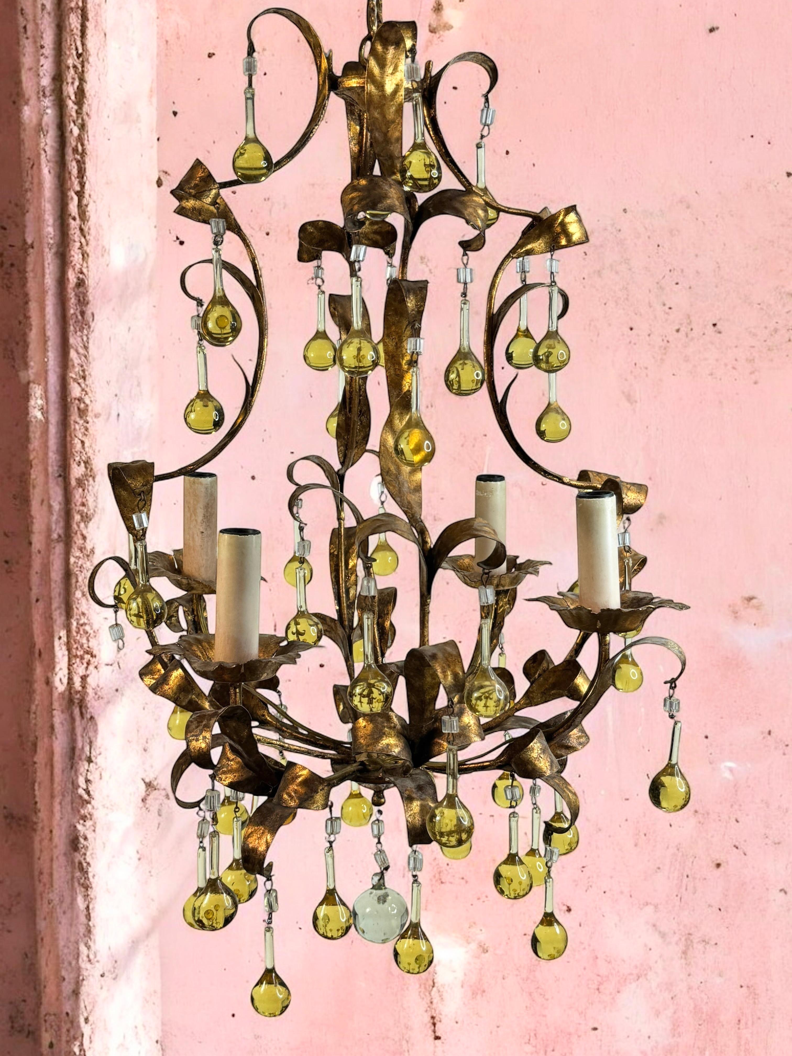 Gilt Metal & Glass Drop Four Light Chandelier Toleware Coco Chanel Style Italy In Good Condition For Sale In Nuernberg, DE