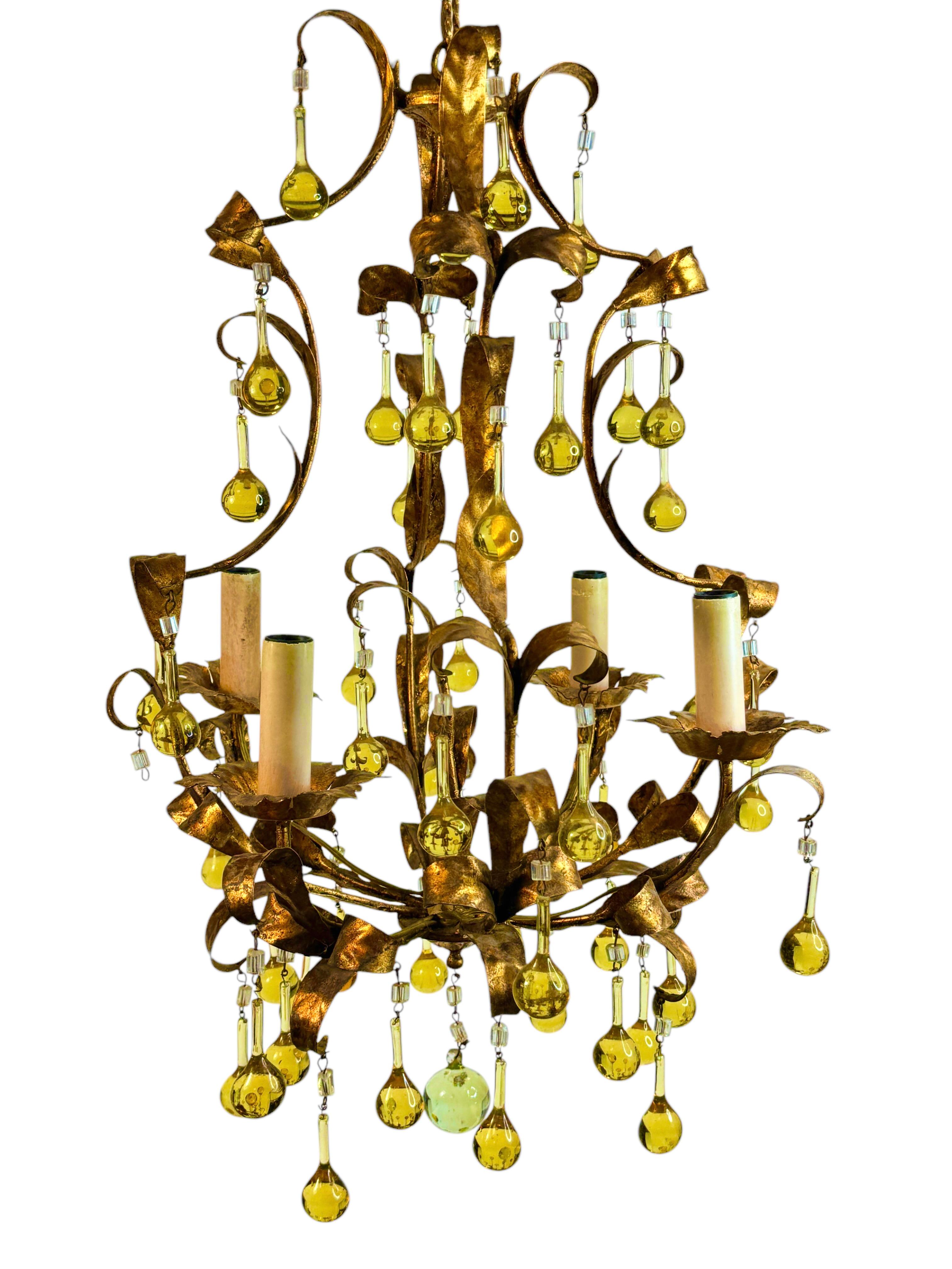 Mid-20th Century Gilt Metal & Glass Drop Four Light Chandelier Toleware Coco Chanel Style Italy For Sale