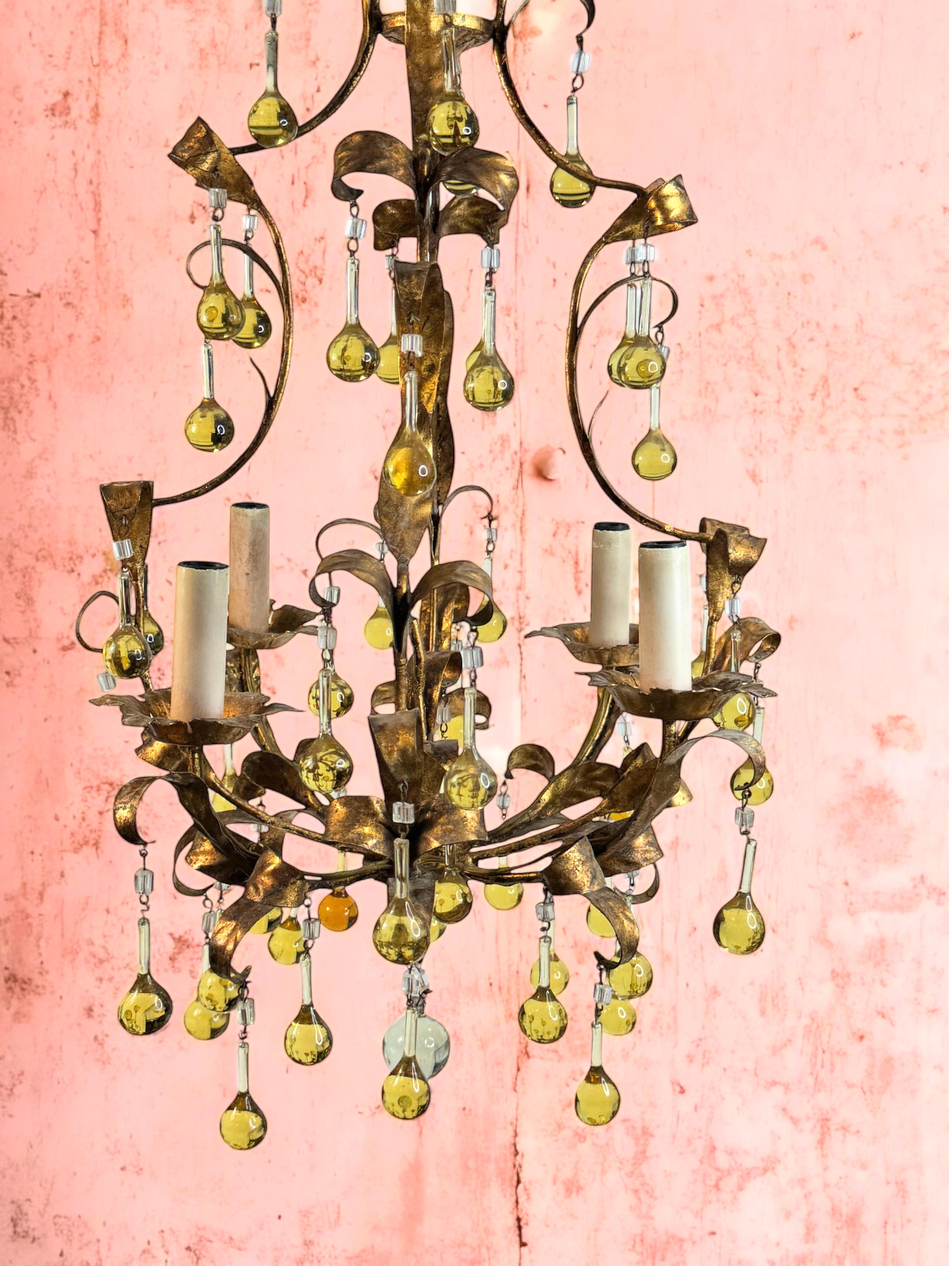 Gilt Metal & Glass Drop Four Light Chandelier Toleware Coco Chanel Style Italy For Sale 1