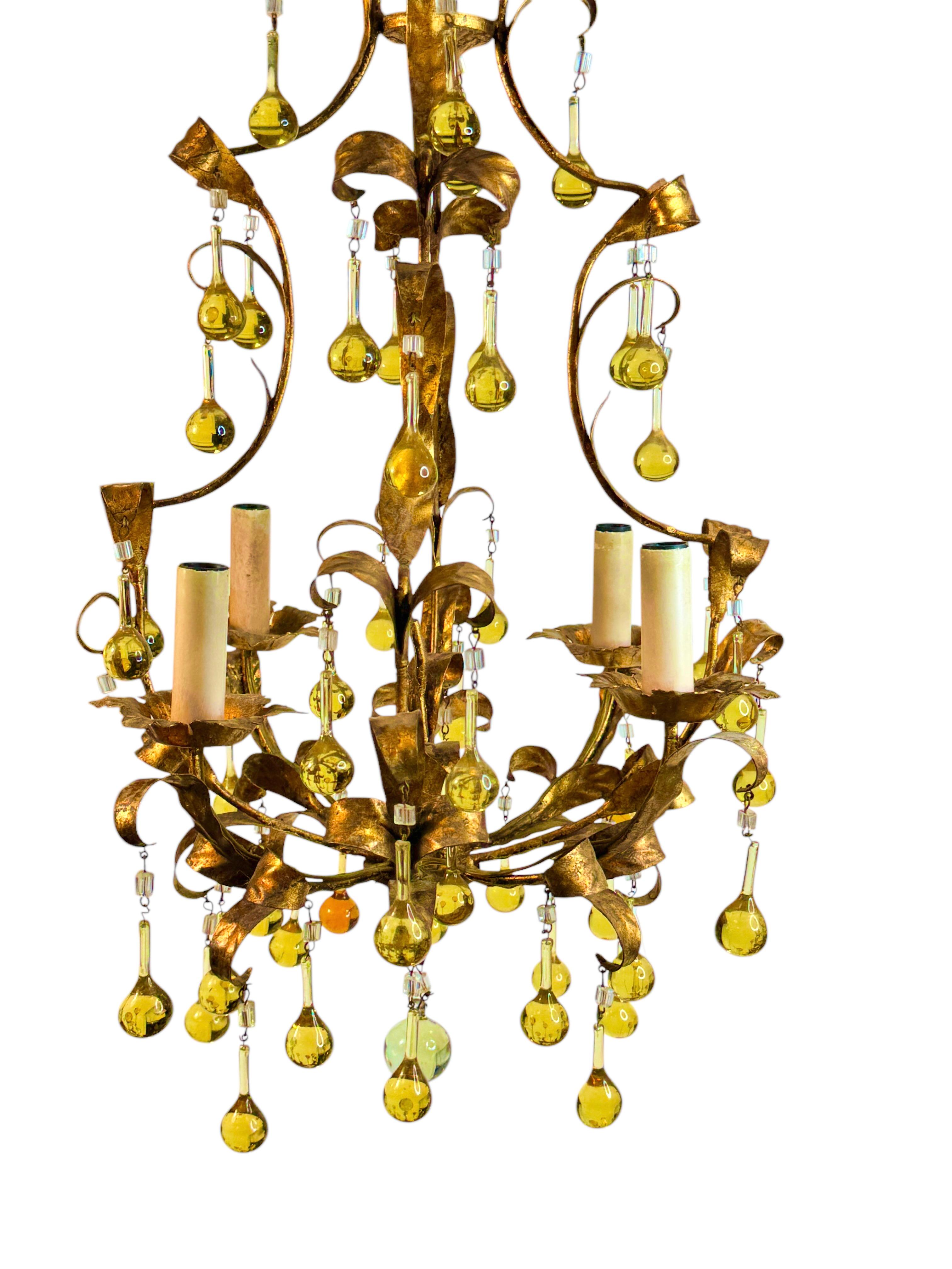 Gilt Metal & Glass Drop Four Light Chandelier Toleware Coco Chanel Style Italy For Sale 2