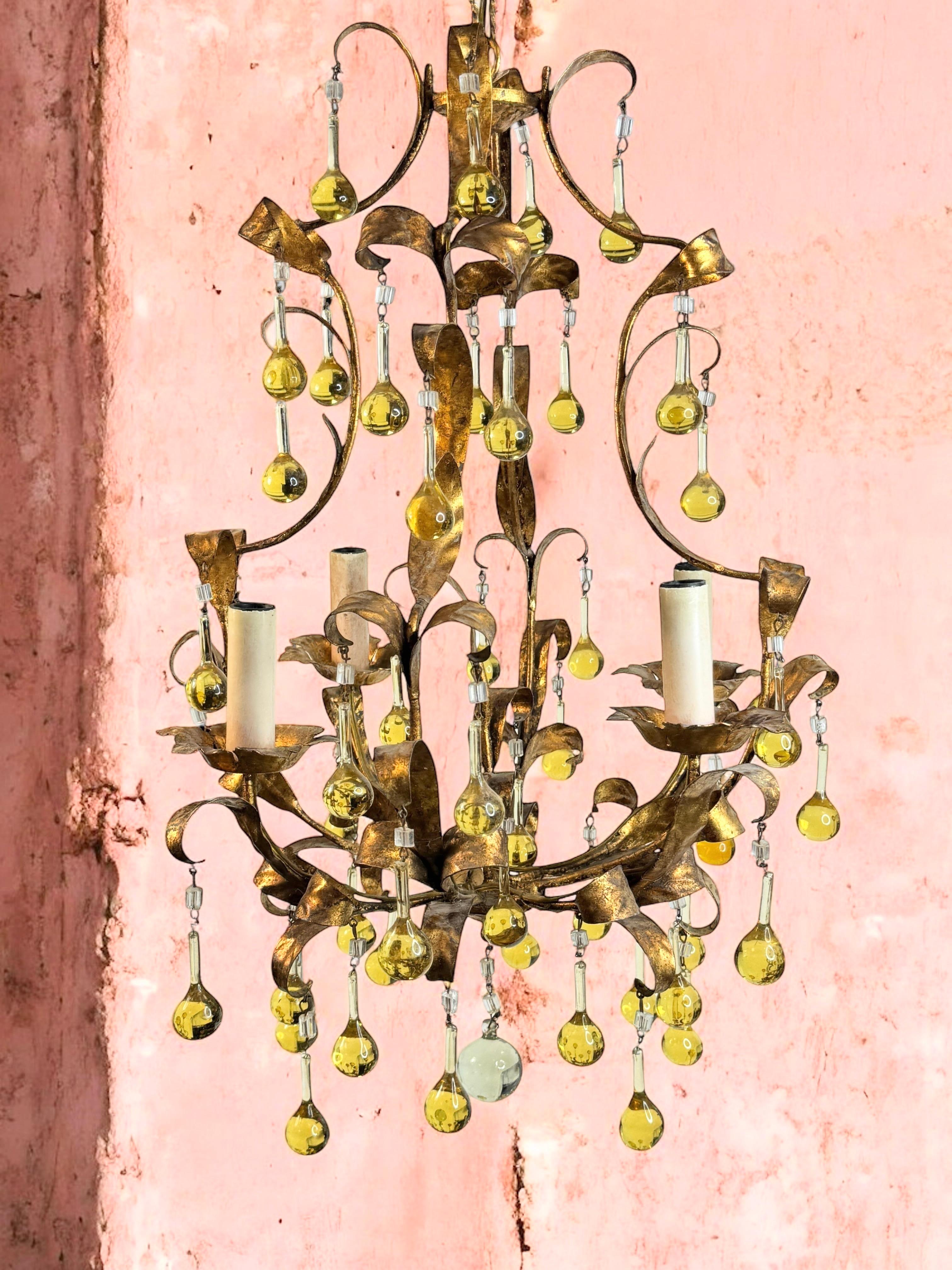 Gilt Metal & Glass Drop Four Light Chandelier Toleware Coco Chanel Style Italy For Sale 3