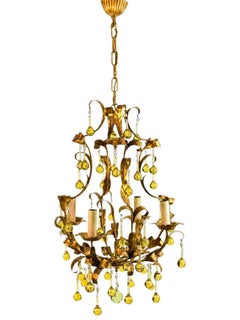Vintage Gilt Metal & Glass Drop Four Light Chandelier Toleware Coco Chanel Style Italy