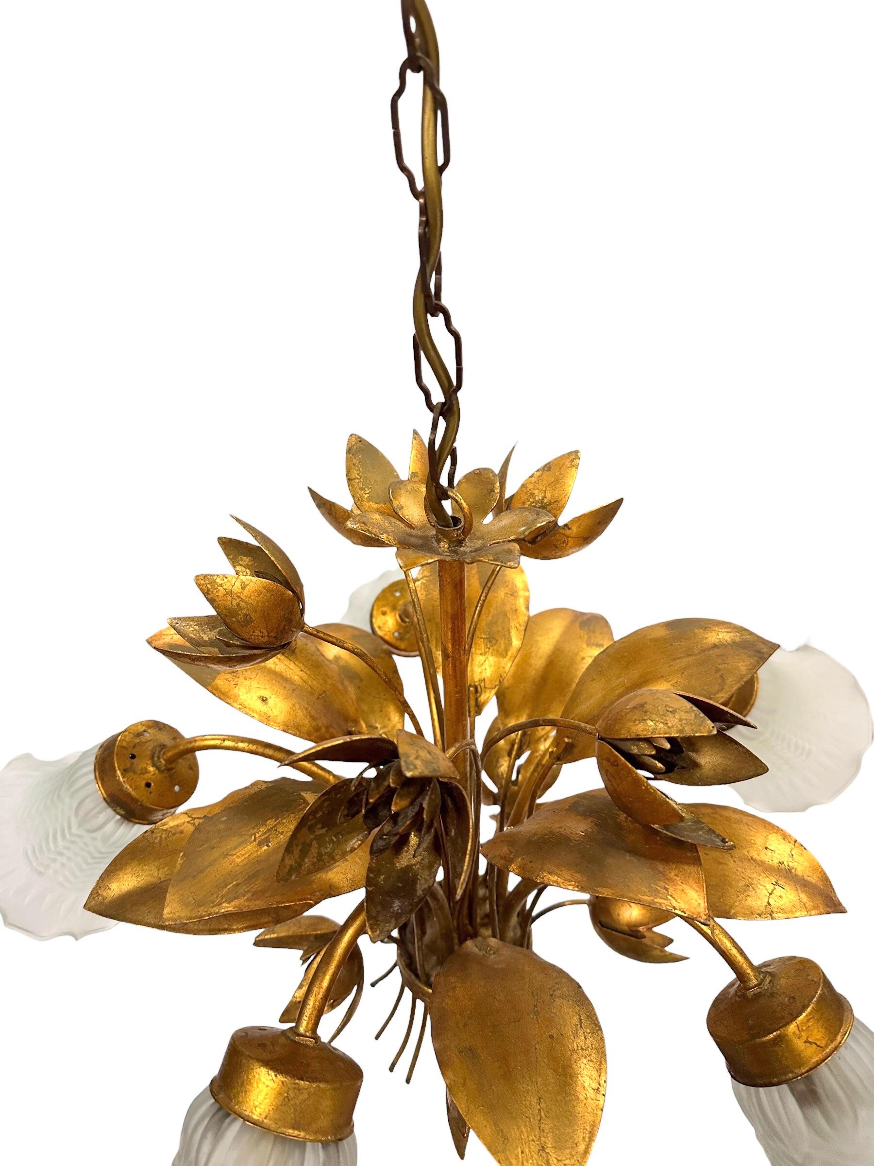 Gilt Metal & Glass Shade Five Light Chandelier Toleware Coco Chanel Style Italy 6