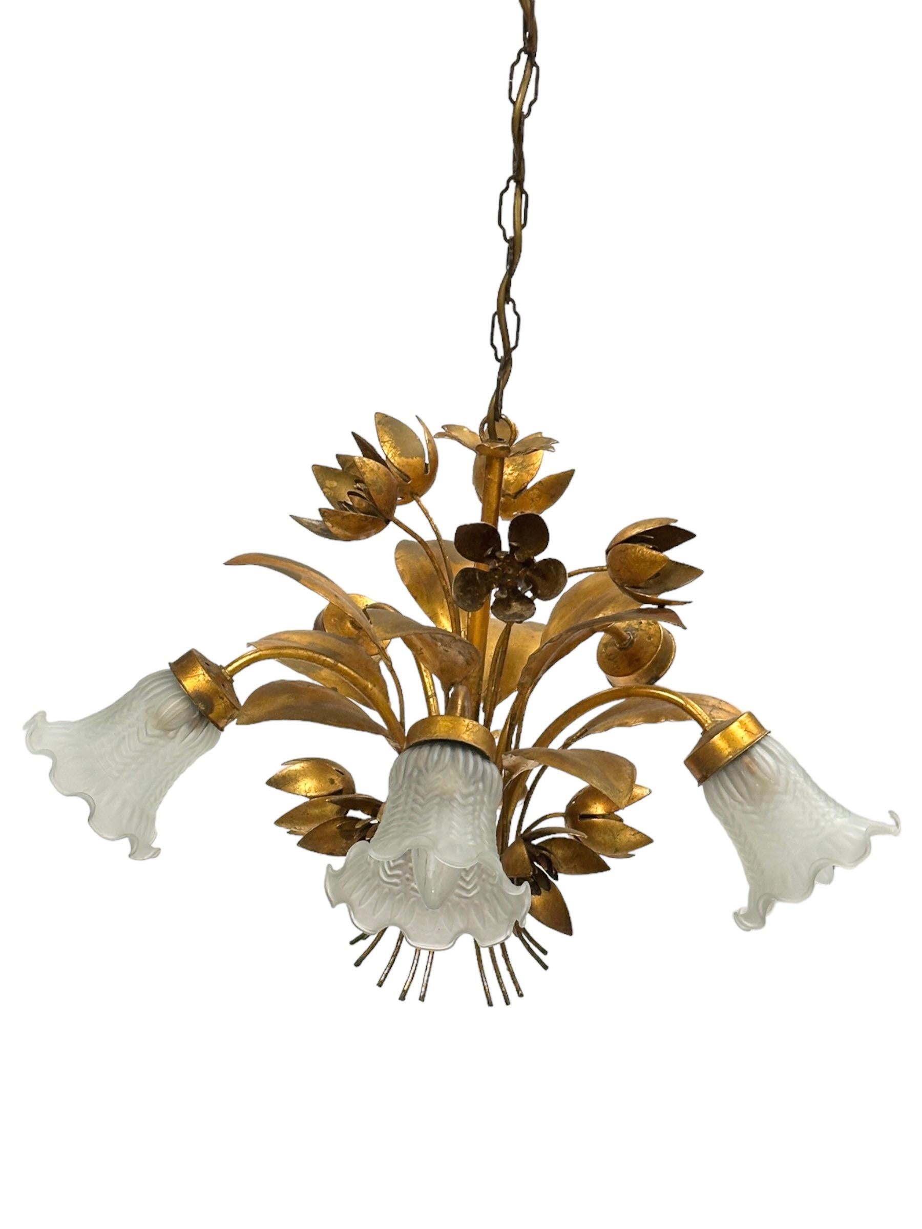 Mid-20th Century Gilt Metal & Glass Shade Five Light Chandelier Toleware Coco Chanel Style Italy  For Sale