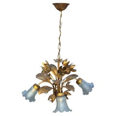 Retro Gilt Metal & Glass Shade Five Light Chandelier Toleware Coco Chanel Style Italy 