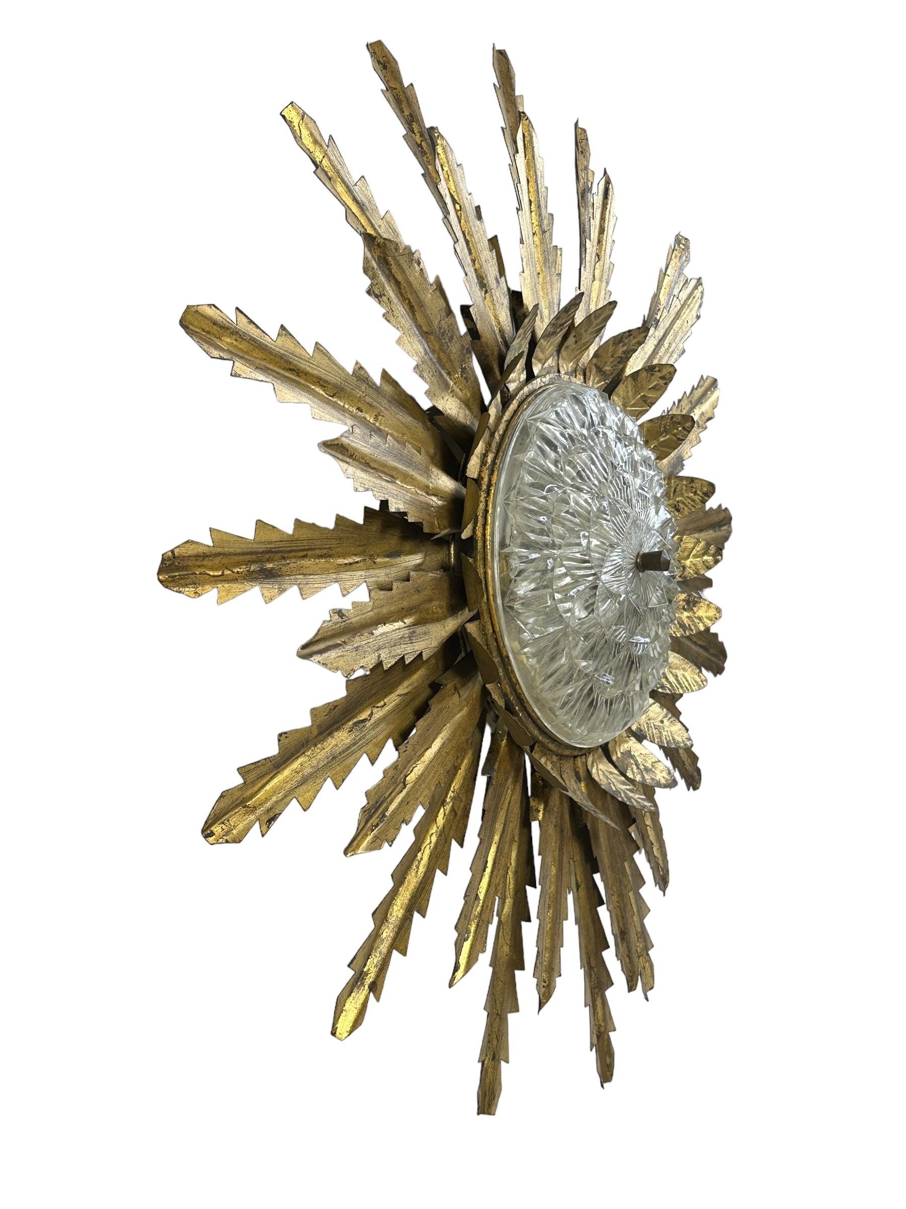 Gilt Metal & Glass Starburst Sunburst Flush Mount Chandelier Coco Chanel Style For Sale 4