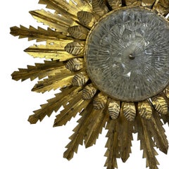 Gilt Metal & Glass Starburst Sunburst Flush Mount Chandelier Coco Chanel Style