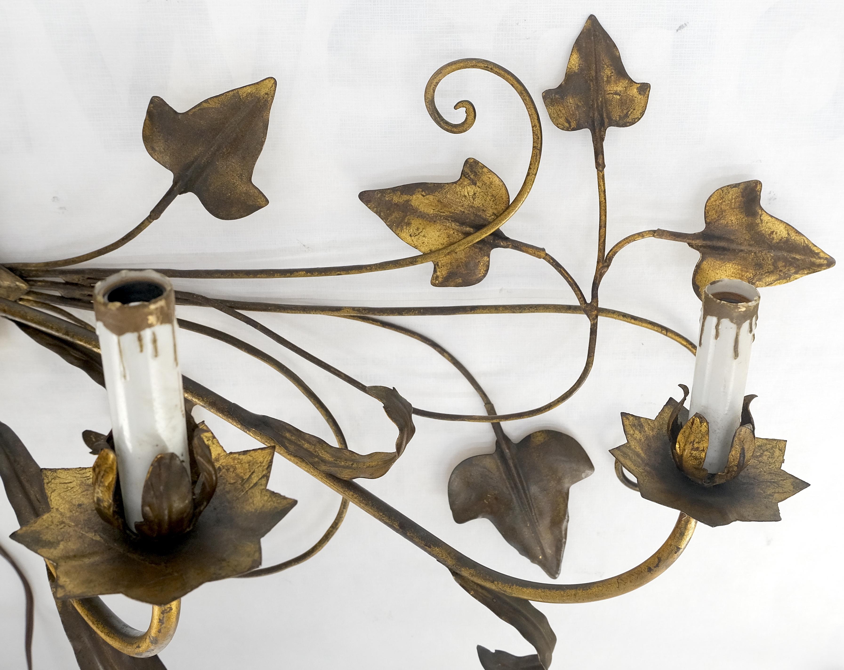 Mid-Century Modern Gilt Metal Grape Leaf 5 Candles Style Decorative Sconce Wall Light Fixture Italy For Sale