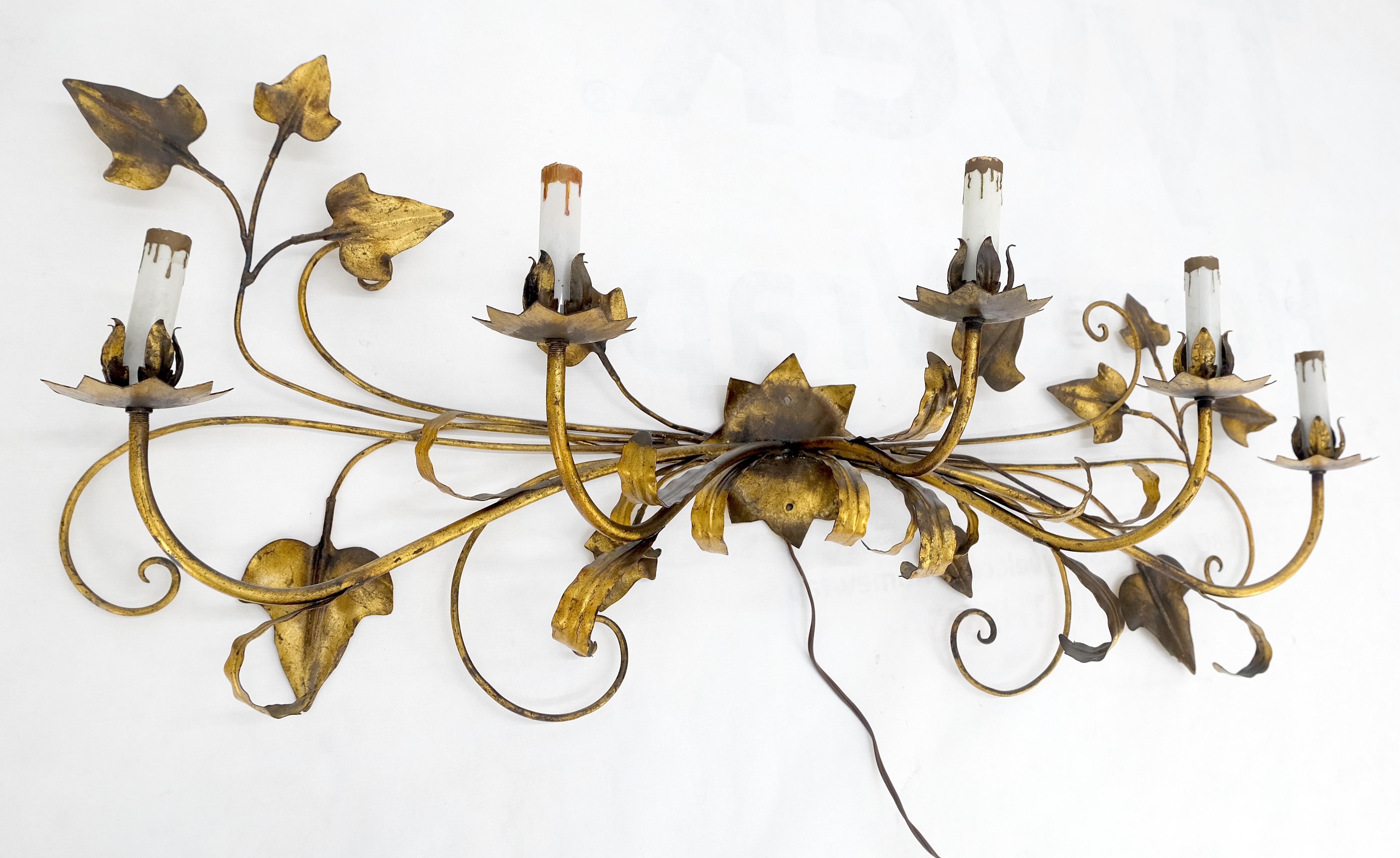 Gilt Metal Grape Leaf 5 Candles Style Decorative Sconce Wall Light Fixture Italy For Sale 1